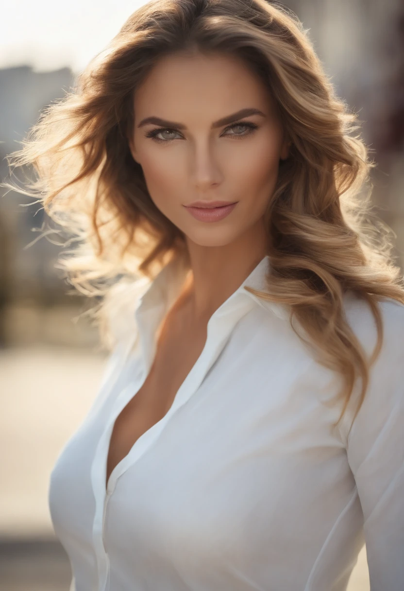 1girl, cabello rubio, orejas puntiagudas, ojos azules, Elevador de ropa, solamente, adorno para el cabello, clip para el cabello, Cabello largo, Elevador de camisa, trenza, Mirando al espectador, labios, levantado por uno mismo, caballo, Parte superior del cuerpo, ombligo, tag,Camisa blanca,
