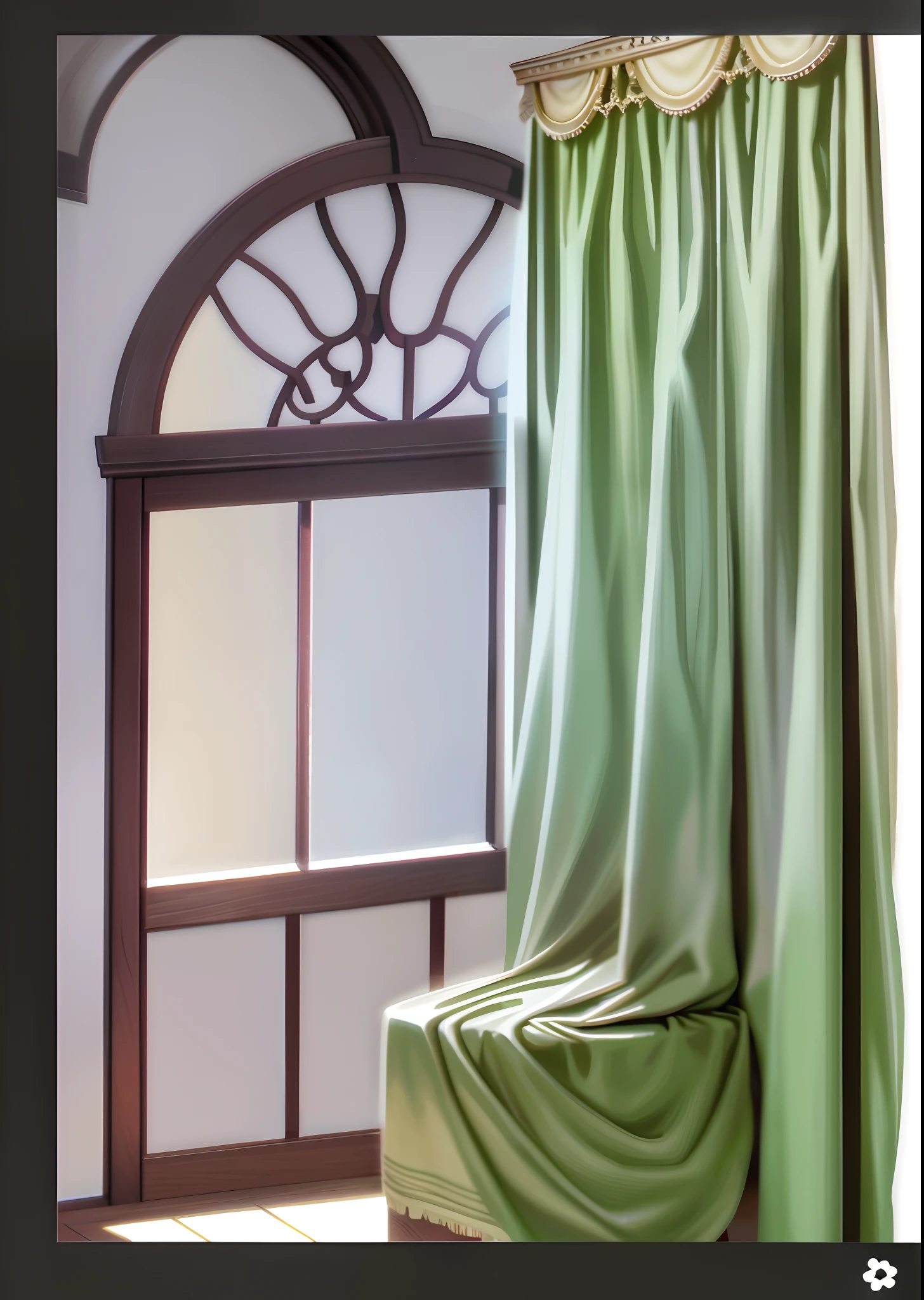Alafid view of curtains and chair windows, 窗帘, Curtains, curtain, draped drapes, pastel green, drapery, soft green natural light, hermosas cortinas, Sage green, alizarin curtains, solid color backdrop, next to a big window, background made of big curtains, dreamlike illustration, Anime background art, background artwork, 2 D game art background, personal room background, Mobile game background, rpg background, Stylized concept art, ancient ruins background, Stylized game art
