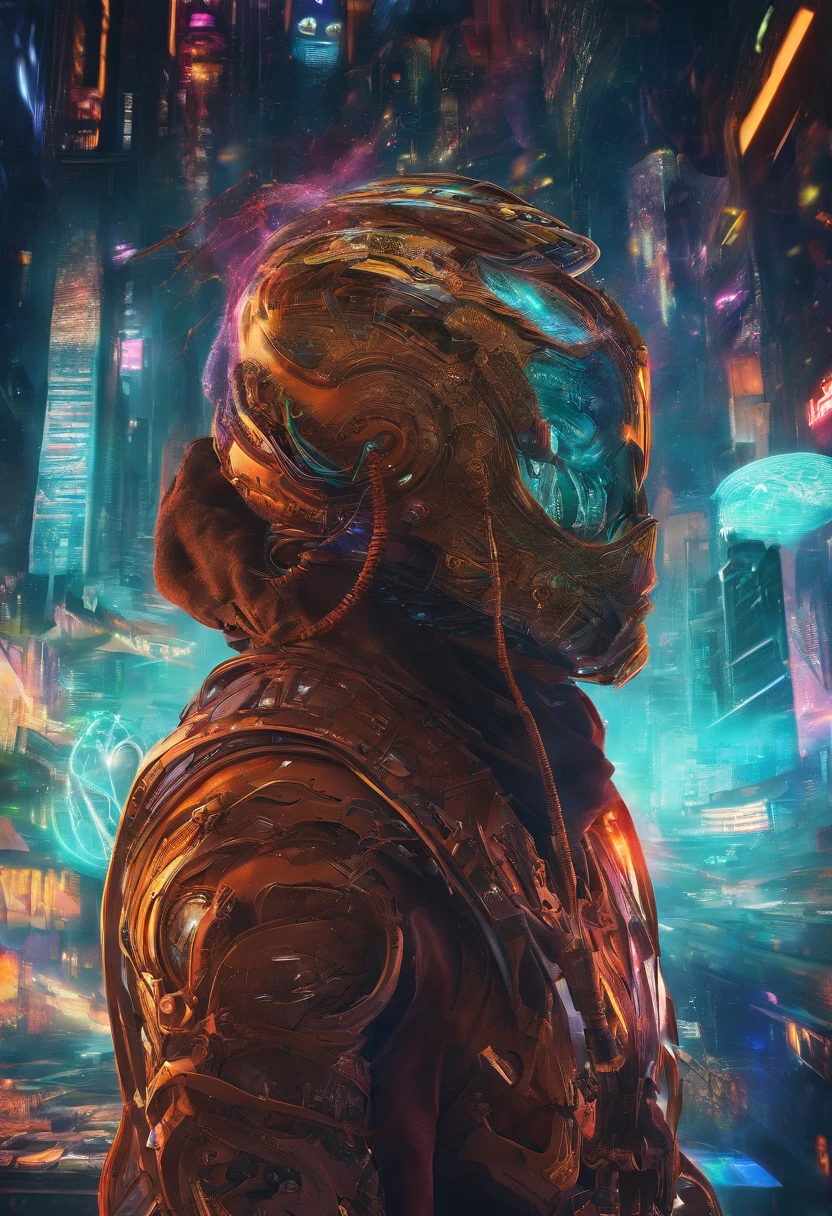 (best quality,highres,ultra-detailed,realistic:1.2), male with robotic arms wearing sleeveless hoodie, brown-eyed, brown ponytail, crackling energy, light beard, futuristic concept, vivid colors, glowing neon lights, impressive physique, powerful stance, cyberpunk style, metal texture, industrial setting, cityscape background