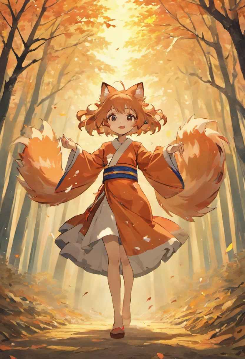 Two-shot photo of a girl and a fox,(Fantasia,Kitsune Yokai Four-Tailed Heavenly Fox,),(Girl and Fox Yokai: The Tale of the Four-Tailed Heavenly Fox), (With a girl bent down deep in the forest and looking up,Fox Yokai Two-shot movie of a fox protecting a girl's back Poster of the four-tailed heavenly fox), (natural soft light.)(Sunlight,),(Sunlight,),(Professional Lighting.), (glossy light brown and orange two-tone color,,Wave Shortcut Hair,disheveled hair,),japanese kimono,Geta,Cute round face red lipstick,A cute smile that makes the viewer happy, autumn forest,Strong wind soaring over dead leaves