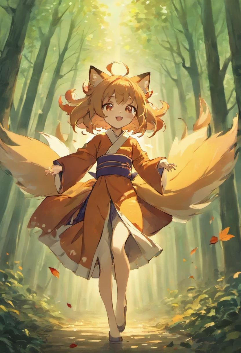 Two-shot photo of a girl and a fox,(Fantasia,Kitsune Yokai Four-Tailed Heavenly Fox,),(Girl and Fox Yokai: The Tale of the Four-Tailed Heavenly Fox), (With a girl bent down deep in the forest and looking up,Fox Yokai Two-shot movie of a fox protecting a girl's back Poster of the four-tailed heavenly fox), (natural soft light.)(Sunlight,),(Sunlight,),(Professional Lighting.), (glossy light brown and orange two-tone color,,Wave Shortcut Hair,disheveled hair,),japanese kimono,Geta,Cute round face red lipstick,A cute smile that makes the viewer happy, autumn forest,Strong wind soaring over dead leaves