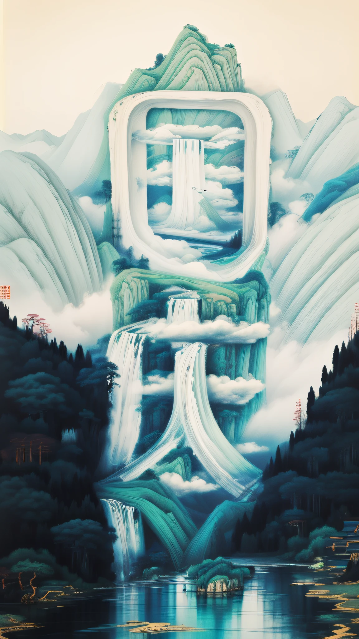((wash painting)),((Ink S...)),green hills,lake water,scenery,water,tree,Cloud,Reflection,Outdoors,sky,waterfallr,English text,standing,Mountain,fantasy,White cloud,Auspicious clouds,Pine_tree,ink and watercolor painting,inverted image,White,water Reflections,Reflectors,the wallpaper,the complex background,,Guofeng,Chinese style,