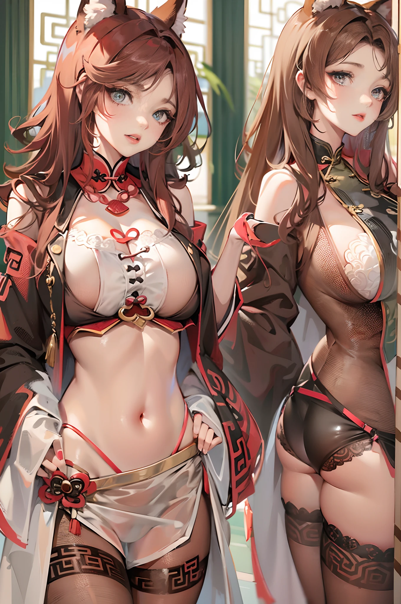 a beauty girl，Mature face，a matural female，Fluffy tail hair，Ultra-loose underwear，clothes slipping off，Anterior convex and posterior，Straight chest，Ruddy complexion，Huge fox tail，nabel，(huge tit)，adventurer，tit，areola of breast，pantiess，Stockings，Human Services Group，((illustrated))，split，((Chinese tradition))，(pantiess)，(Prostitutes)，(Raised sexy)