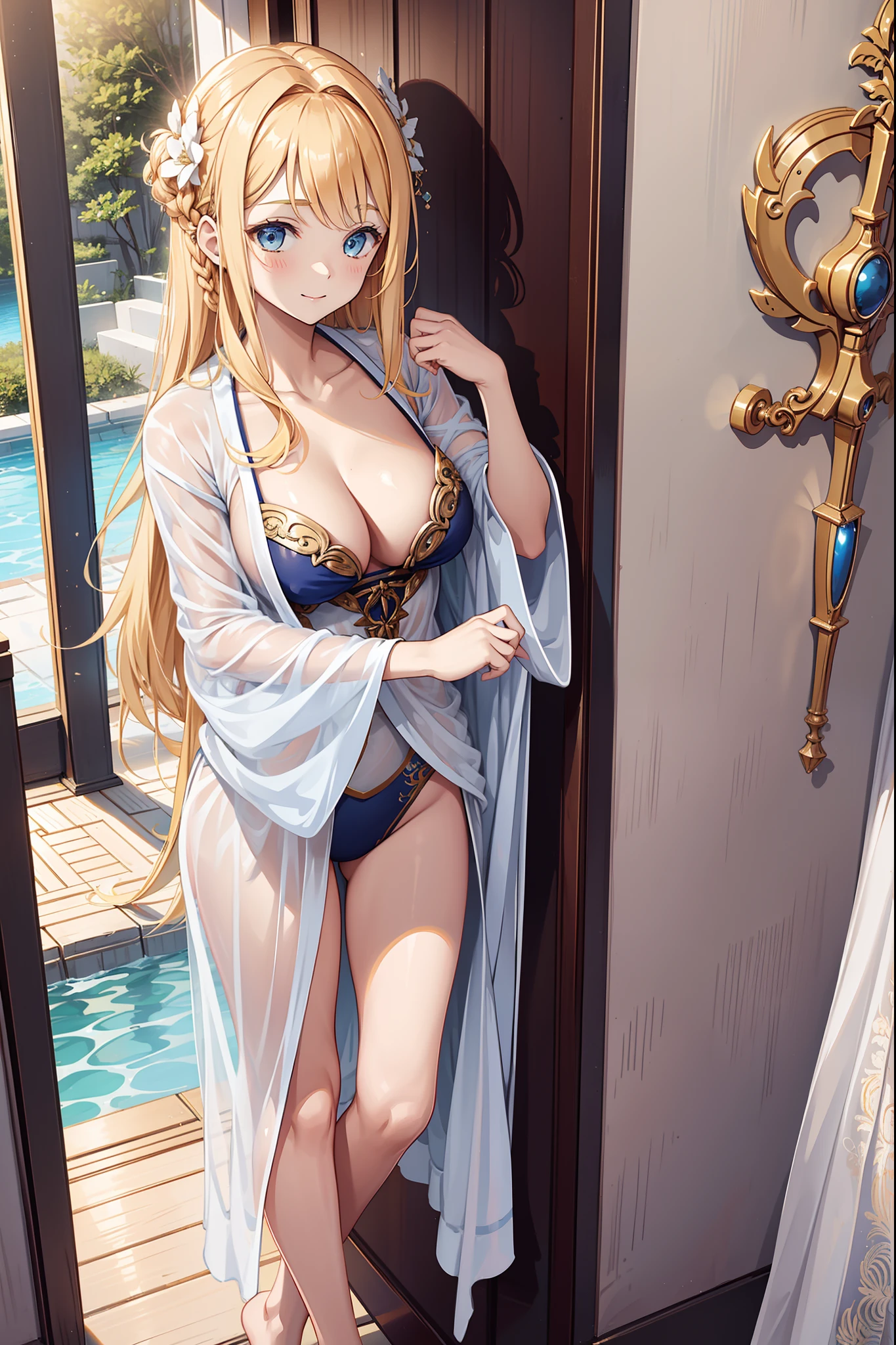 teens girl，divino，Seductive pose，having fun，Being in love，pale robe，intricate detailed clothes，Pattern，swimming uniform，inside in room，solo person，blond hairbl，