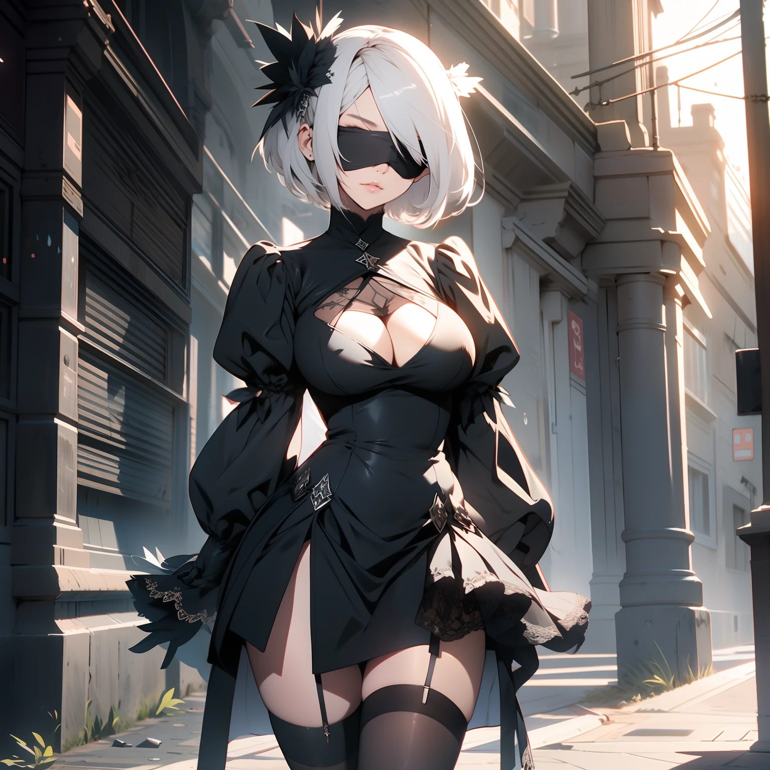 1girl, \(masterpice:1.3\), highres, high-detailed, high quality, \(solo\), 4k, cg, pixiv, \(perfect face and eyes\), detailed face, dynamic light,  intense shadows, intricate_details, hm2b, black blindfold, white hair, short hair, covered eyes, mole under mouth, clothing cutout, long sleeves, puffy sleeves, juliet sleeves, feather trim, black thighhighs, black gloves, black dress, black skirt, city, ruins, nature, empty city, sexy, sensual, big breast, cleavage