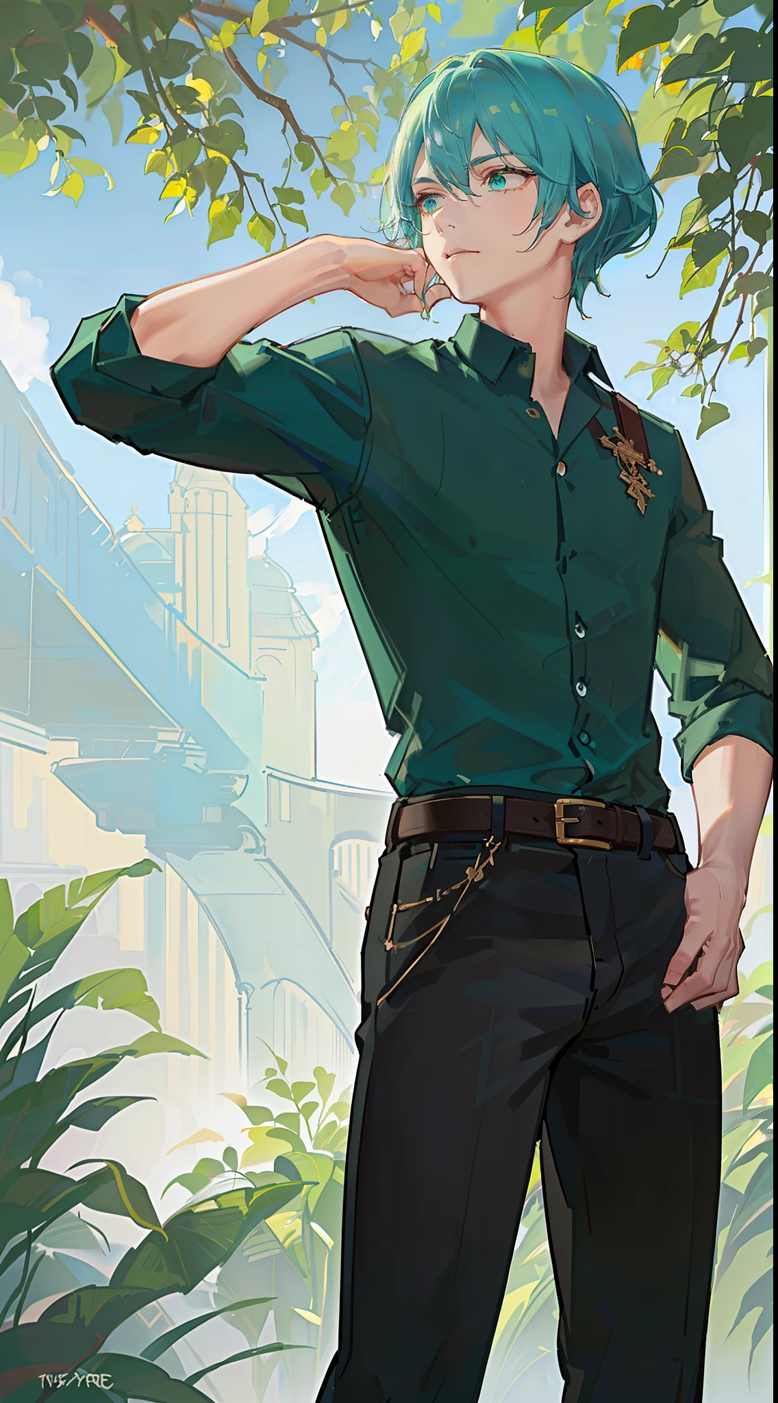 young boy, short turquoise hair, high ponytail, Green eyes, White beautiful shirt, pants, brushes, Masterpiece, hiquality, 4k, HD, Good detail