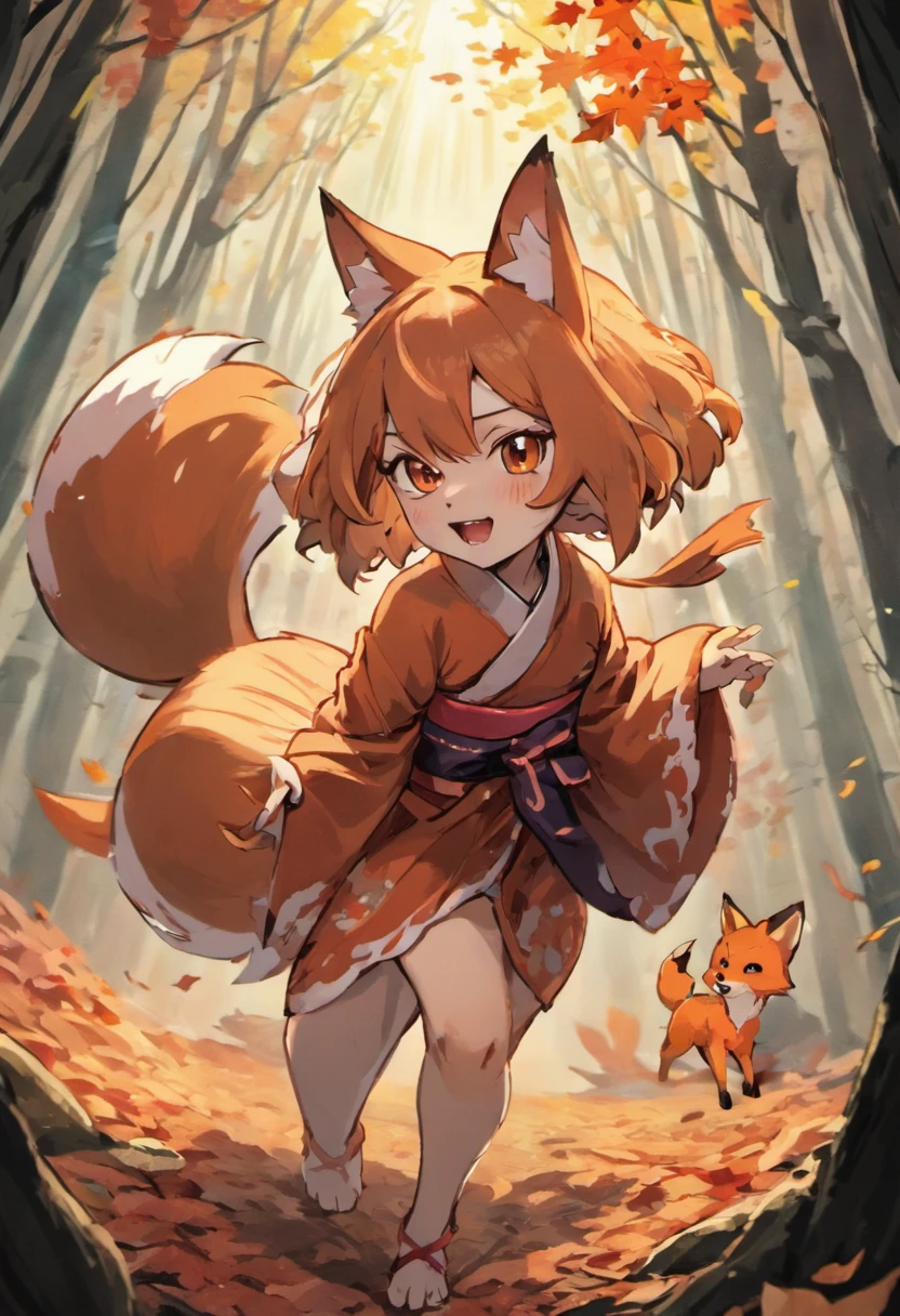 Two-shot photo of a girl and a fox,(Fantasia,Kitsune Yokai Four-Tailed Heavenly Fox,),(Girl and Fox Yokai: The Tale of the Four-Tailed Heavenly Fox), (With a girl bent down deep in the forest and looking up,Fox Yokai Two-shot movie of a fox protecting a girl's back Poster of the four-tailed heavenly fox), (natural soft light.)(Sunlight,),(Sunlight,),(Professional Lighting.), (glossy light brown and orange two-tone color,,Wave Shortcut Hair,disheveled hair,),japanese kimono,Geta,Cute round face red lipstick,A cute smile that makes the viewer happy, autumn forest,Strong wind soaring over dead leaves
