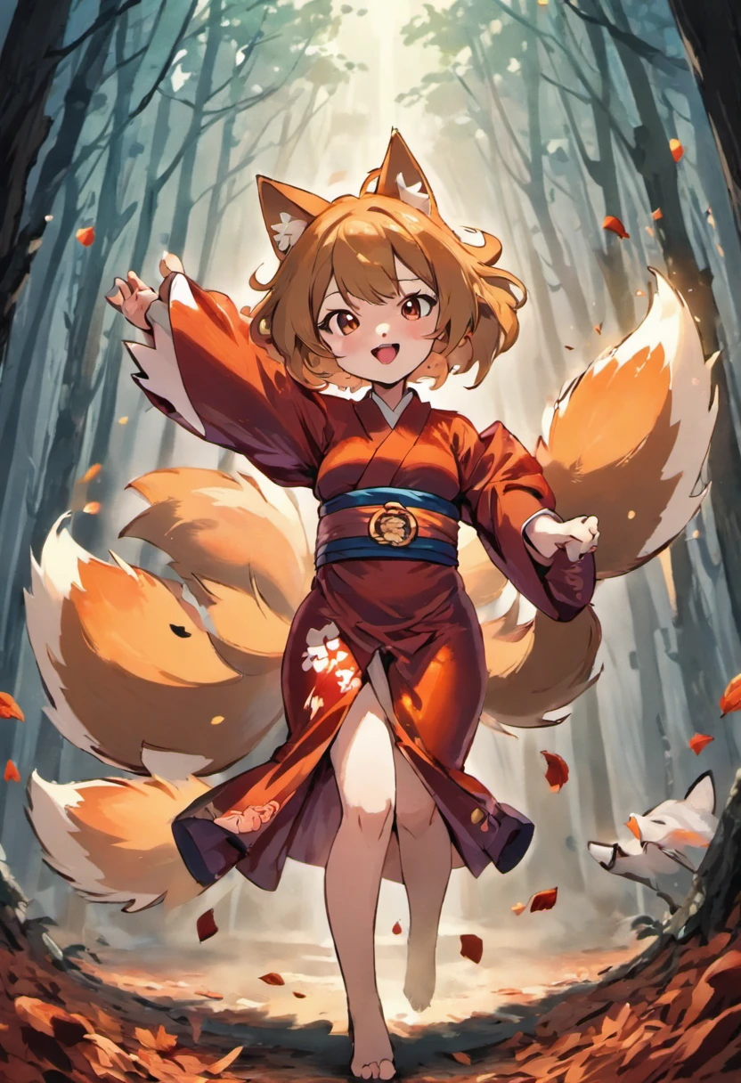 Two-shot photo of a girl and a fox,(Fantasia,Kitsune Yokai Four-Tailed Heavenly Fox,),(Girl and Fox Yokai: The Tale of the Four-Tailed Heavenly Fox), (With a girl bent down deep in the forest and looking up,Fox Yokai Two-shot movie of a fox protecting a girl's back Poster of the four-tailed heavenly fox), (natural soft light.)(Sunlight,),(Sunlight,),(Professional Lighting.), (glossy light brown and orange two-tone color,,Wave Shortcut Hair,disheveled hair,),japanese kimono,Geta,Cute round face red lipstick,A cute smile that makes the viewer happy, autumn forest,Strong wind soaring over dead leaves
