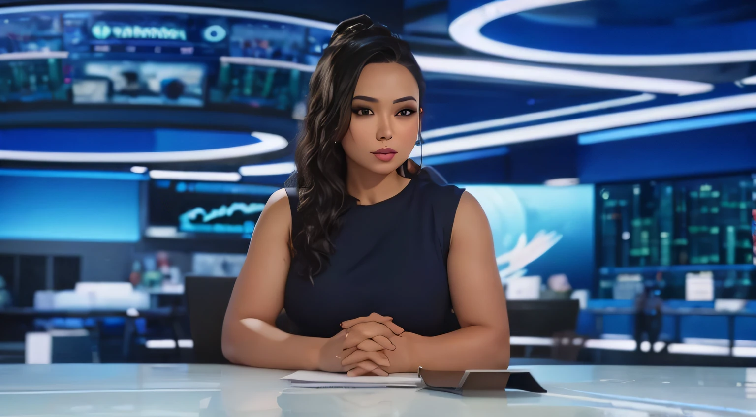 News anchor, Indonesian, black hair, white skin, super detail, super realistic
