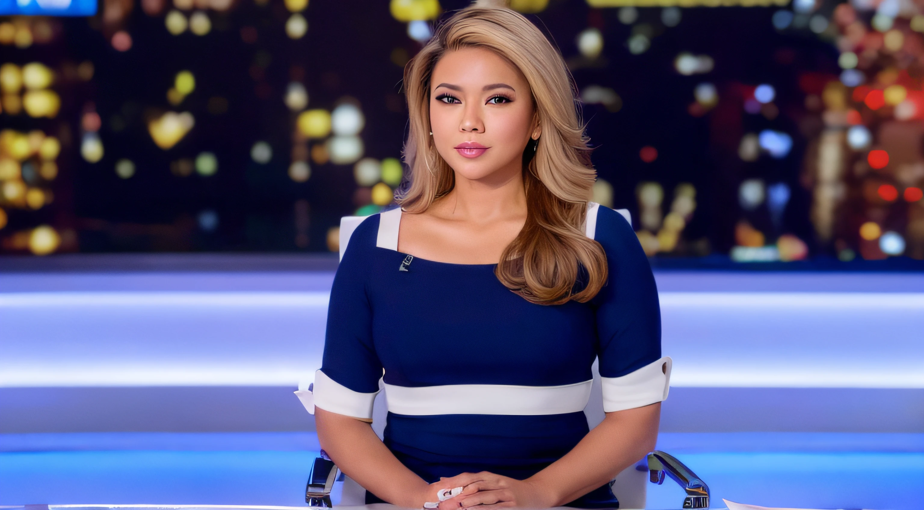 News anchor, Indonesian, black hair, white skin, super detail, super realistic