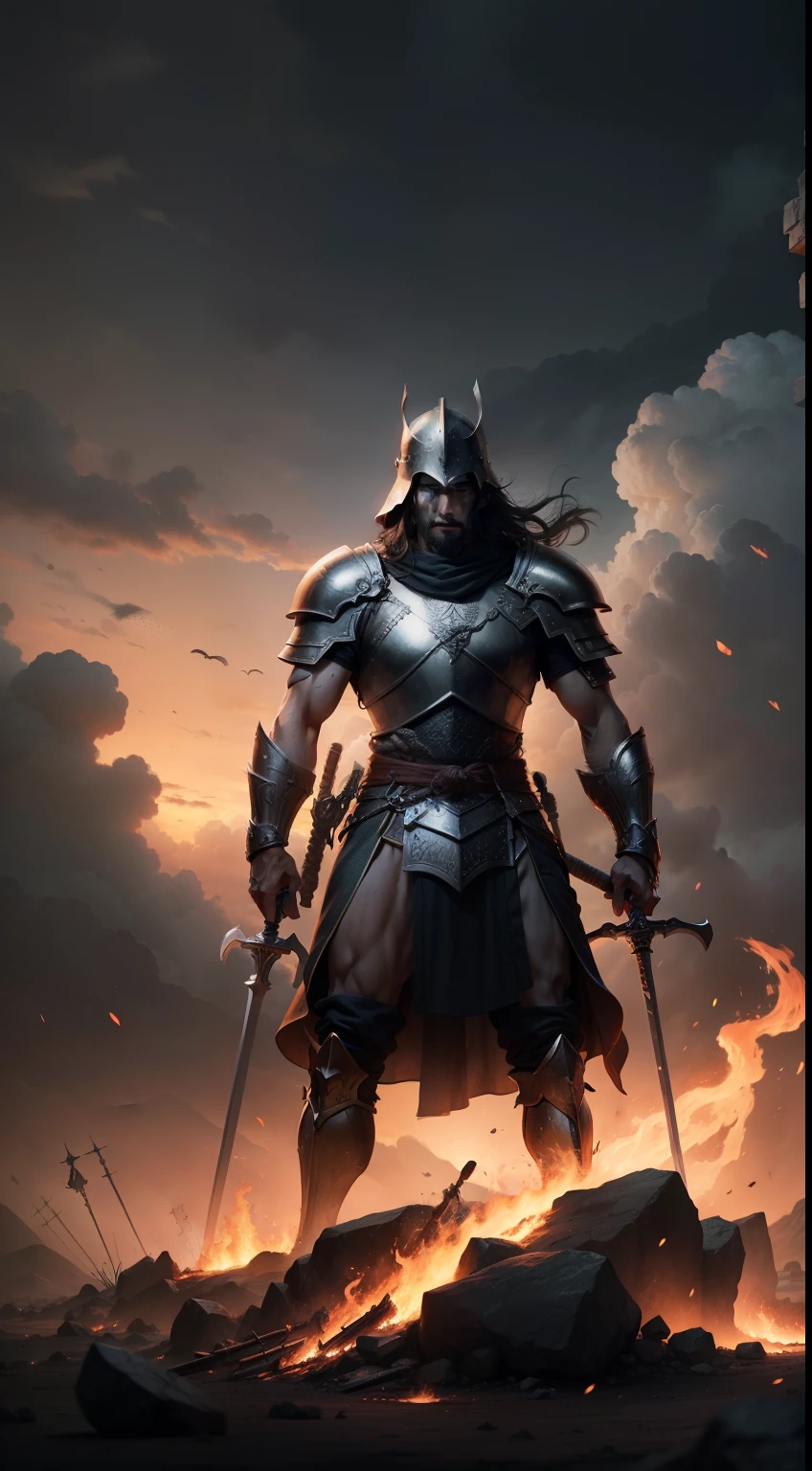 a god standing against an army, battlefield, swords, spears, overcast skies, burning fire, clarity, highest quality, soldiers