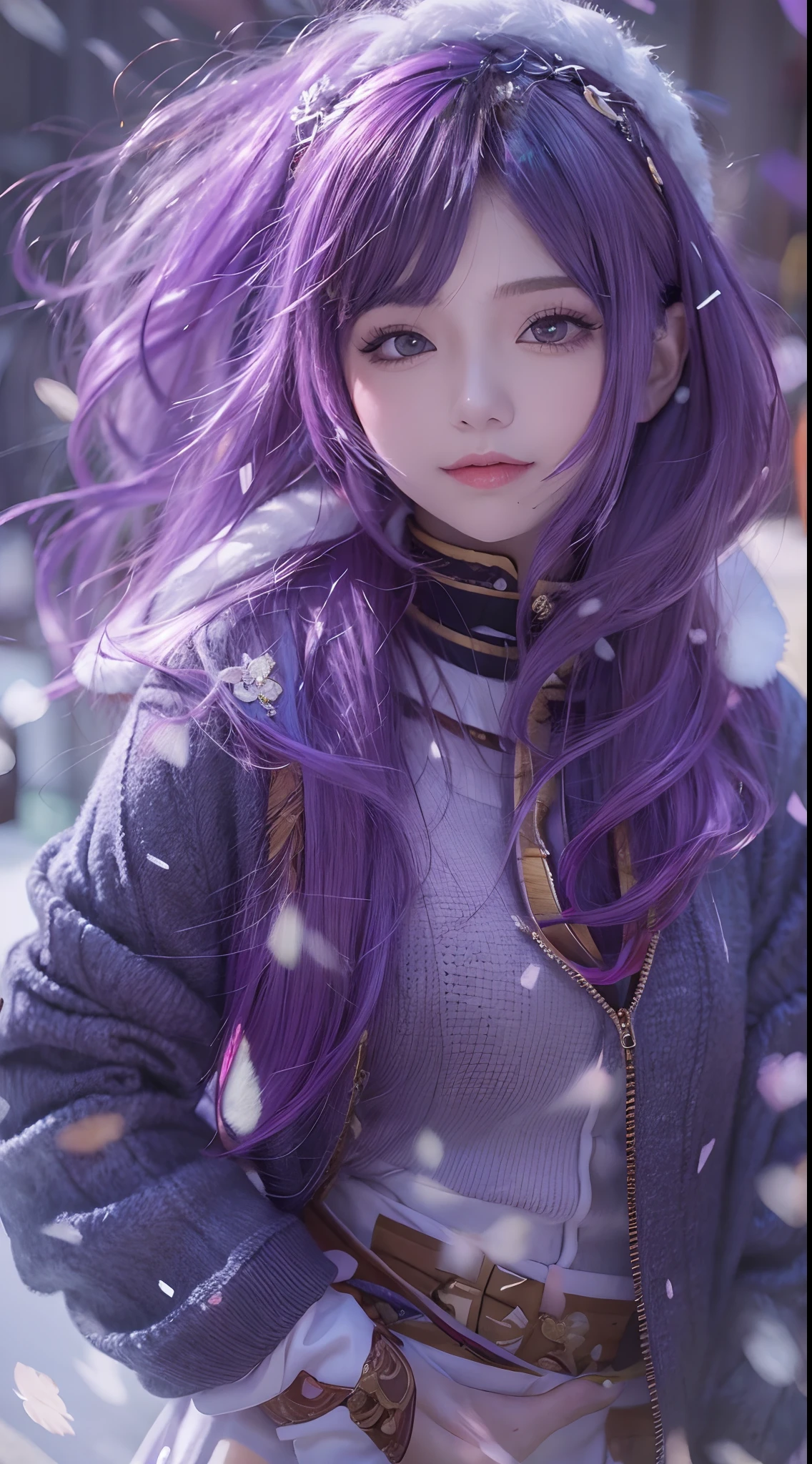 Obra maestra, La mejor calidad, en invierno, nieve, Paisaje urbano, realista, real, enorme_filesize, El fondo de pantalla, Gradiente_fondo, Japanese, girlish, Cabello largo, purple hair, cabello ondulado, Palillo para el cabello, Heart-shaped hair ornament, sonrisa falsa, senos medianos, Vestidos de turno, sin sujetador, encaje, Nipple adjustment_muslo alto,