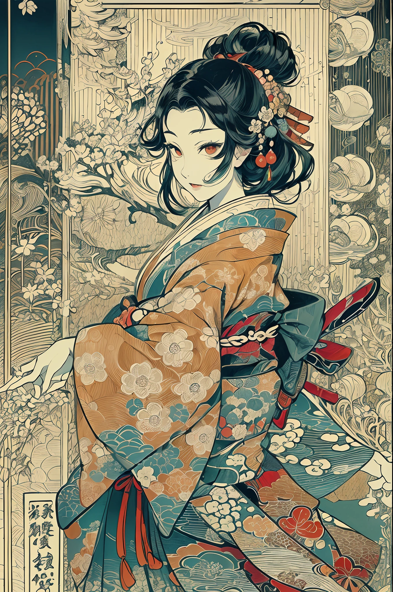 (masuter piece、top-quality、ukiyoe style、Mystical、Beautifully Aesthetic、offcial art、Sharaku:1.2)、(1 girl in:1.3)、(Fractal Art:1.3)、cowboy shot、white and clean skin、(Beautiful black hair、Kimono:1.2)、Traditional performing arts of Japan in the background、highly colorful、(scrollwork、A Japanese style:1.2)、