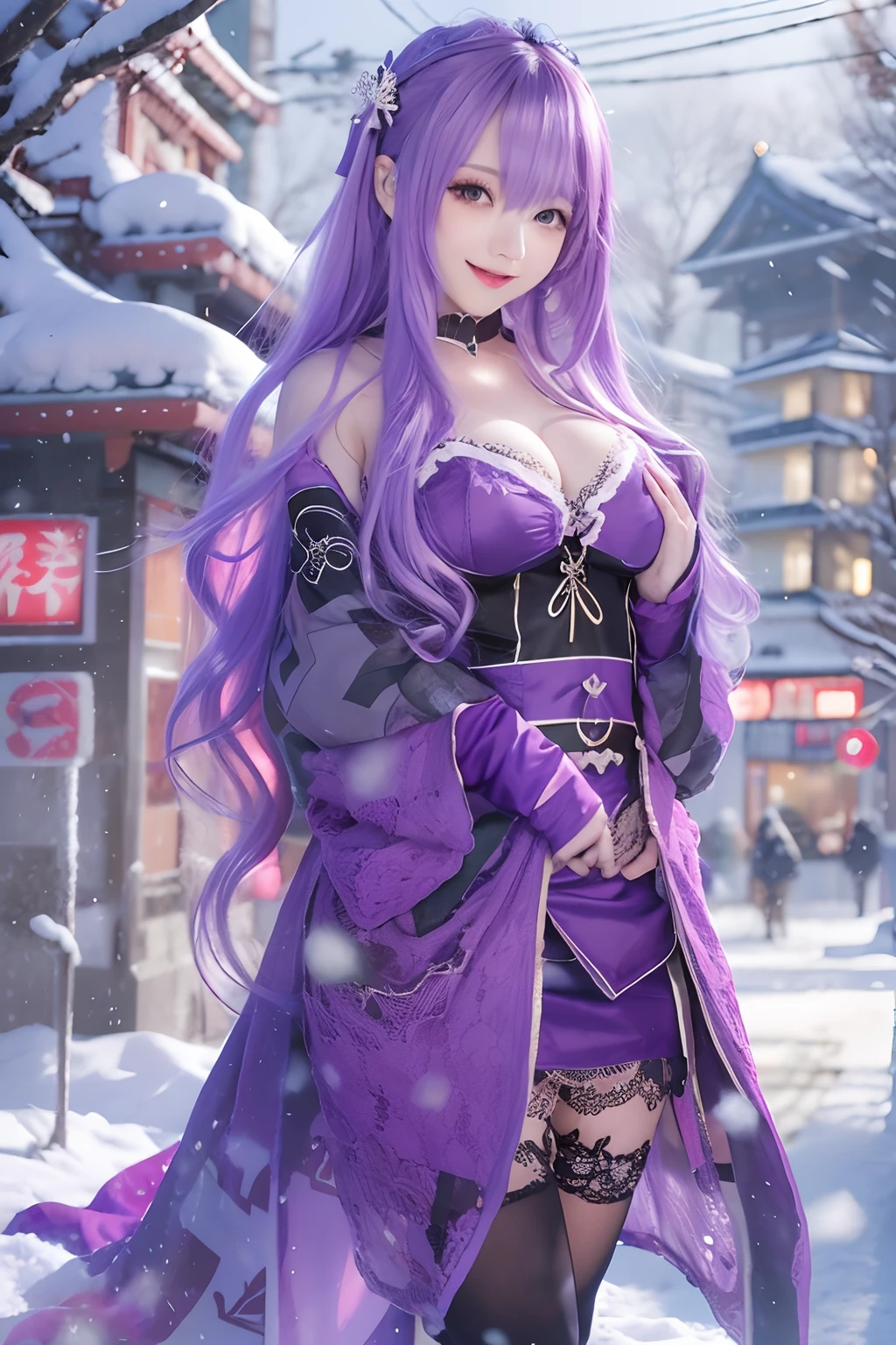 Masterpiece, Best quality, In winter, Snow, Cityscape, Realistic, Real, Huge_filesize, the wallpaper, Gradient_Background, Japanese, Girl, Long hair, Purple hair, Wavy hair, hair stick, heart-shaped hair ornament, Fake smile, Medium breasts, shift dresses, No bra, Lace, nipple tweak_thigh high,