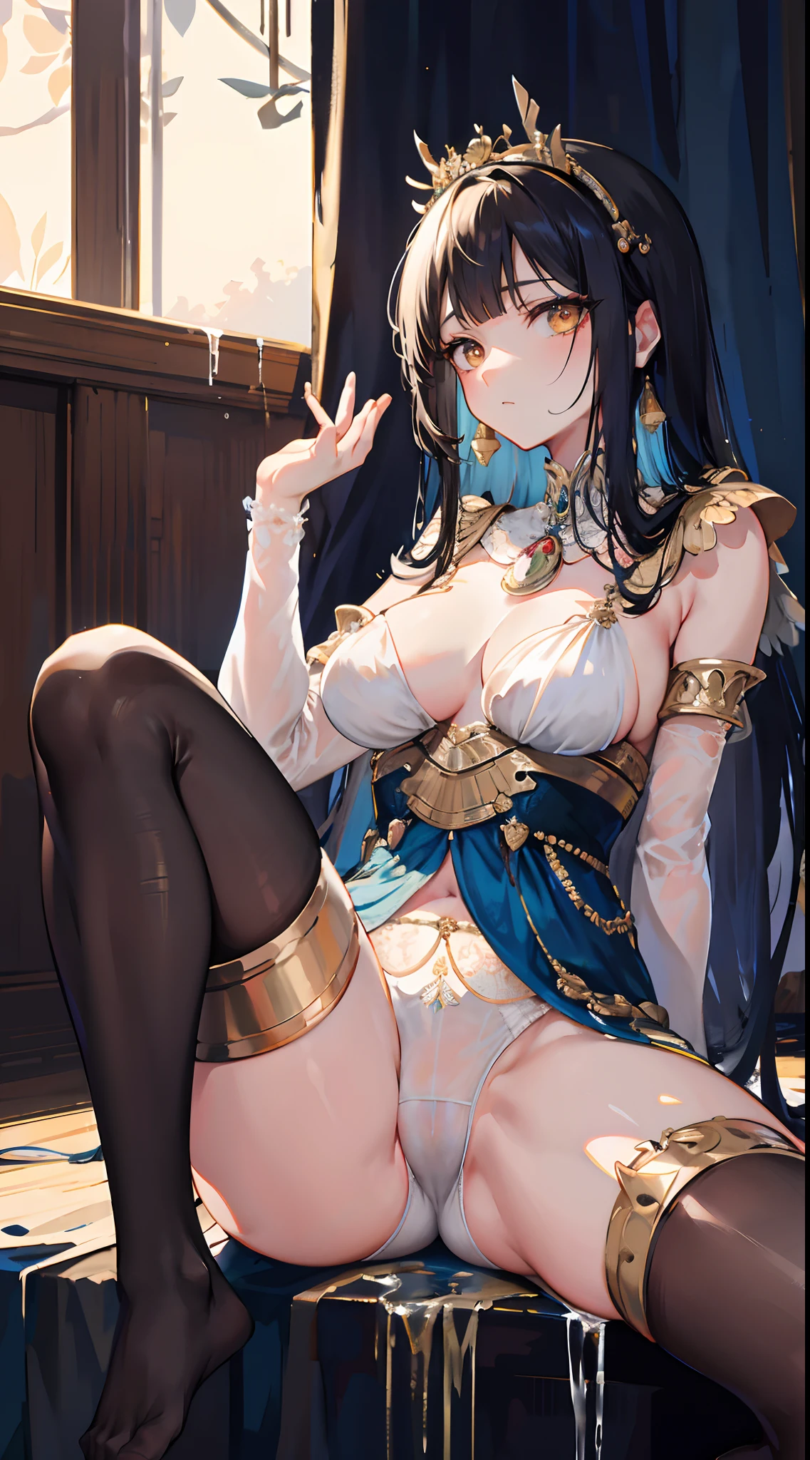 opening legs,Cleopatra,No underwear, the feet,sitted, Feet,Exposed genitals,clear liquid,Bigchest,transparent panty,soaking wet,Emotive expressions,Ambiguous,taunt,Unoccluded,There is no lower limit,Mesh socks,black lence stockings,a queen,camel-toe,Exposed pubic hair,high and cold
