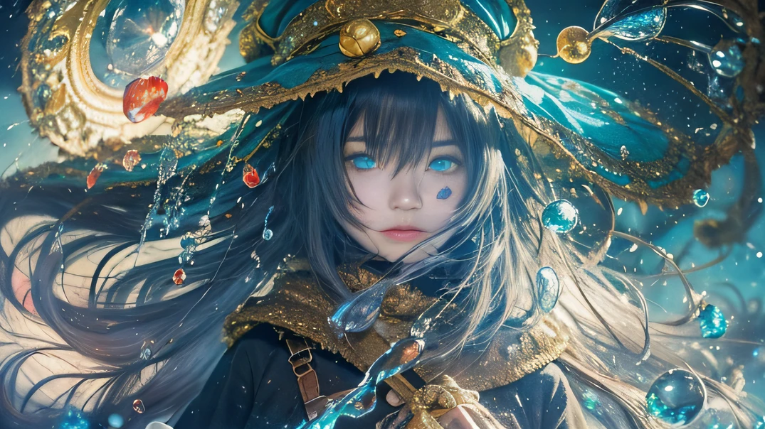 Water Control Act,Blood,Night, Dark, (fantasy),unlimited,Cobalt blue sky,The abyss of knowledge,Water flow hood,((masutepiece)), (((Best quality))),((Beautiful fine eyes)),(eyeslashes)、Beautiful girl riding a monster、(1 Fairy)、Black hair、cabelos preto e longos、abyss eyes、glowy skin、oiled、Little Mimi God、(Huge water droplets)、Golden robe、Tattered fabric、Realistic coat、、crystal、Super delicate CG Unity 32k wallpaper、tmasterpiece, ((ultra - detailed)), ((illustratio)),Extremely colorful,the wallpaper,energy,Unknown terror,mind bending,Around water technology,Magical environment,Guns and sticks,Boken,Flight page,Know it all,Predicting the future、Learn about the past、Infinite wisdom、Blue Flame、Warlock、Langshu Circle、pentacle、Spells、mantra、Singing magic