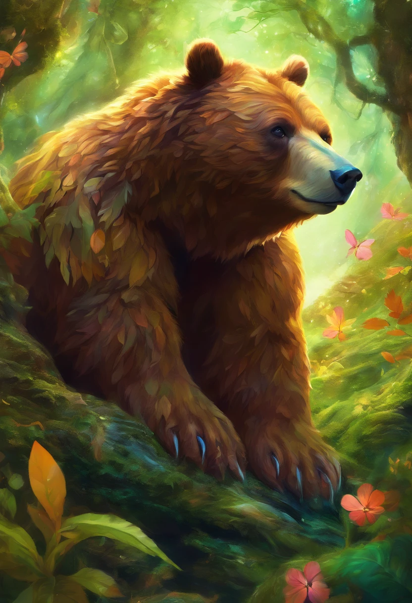 (a unique bear pokemon),illustration,realistic,highres,ultra-detailed,vivid colors,sharp focus,studio lighting,big,fluffy,brown fur,sparkling eyes,powerful claws,friendly expression,standing tall on hind legs,in a lush green forest,sunlight filtering through the trees,moss-covered rocks in the background