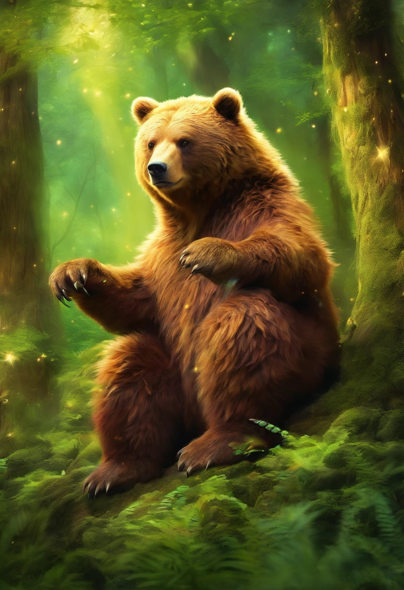 (a unique bear pokemon),illustration,realistic,highres,ultra-detailed,vivid colors,sharp focus,studio lighting,big,fluffy,brown fur,sparkling eyes,powerful claws,friendly expression,standing tall on hind legs,in a lush green forest,sunlight filtering through the trees,moss-covered rocks in the background