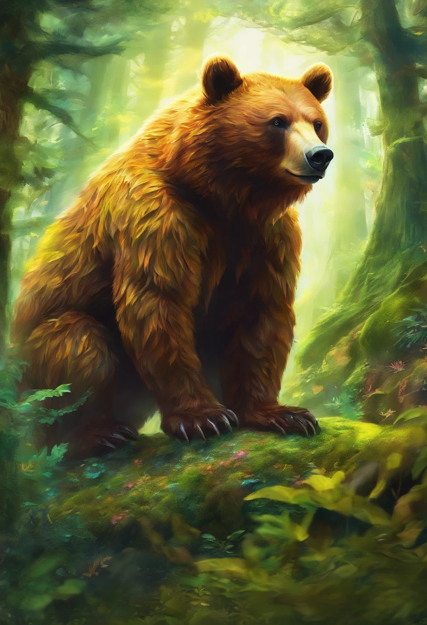(a unique bear pokemon),illustration,realistic,highres,ultra-detailed,vivid colors,sharp focus,studio lighting,big,fluffy,brown fur,sparkling eyes,powerful claws,friendly expression,standing tall on hind legs,in a lush green forest,sunlight filtering through the trees,moss-covered rocks in the background