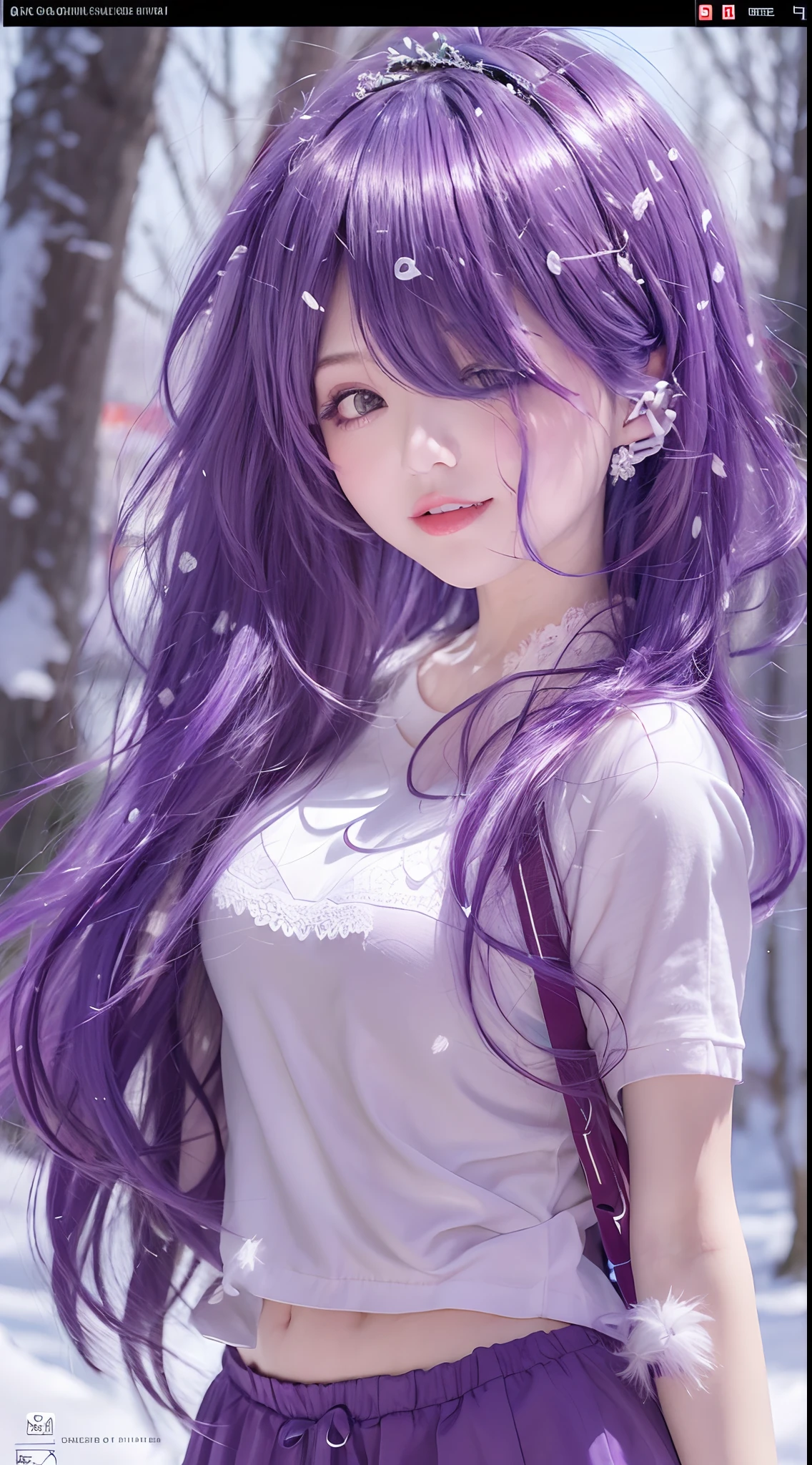 Obra maestra, La mejor calidad, en invierno, nieve, Paisaje urbano, realista, real, enorme_filesize, El fondo de pantalla, Gradiente_fondo, Japanese, girlish, Cabello largo, purple hair, cabello ondulado, Palillo para el cabello, Heart-shaped hair ornament, sonrisa falsa, senos medianos, Vestidos de turno, sin sujetador, encaje, Nipple adjustment_muslo alto,