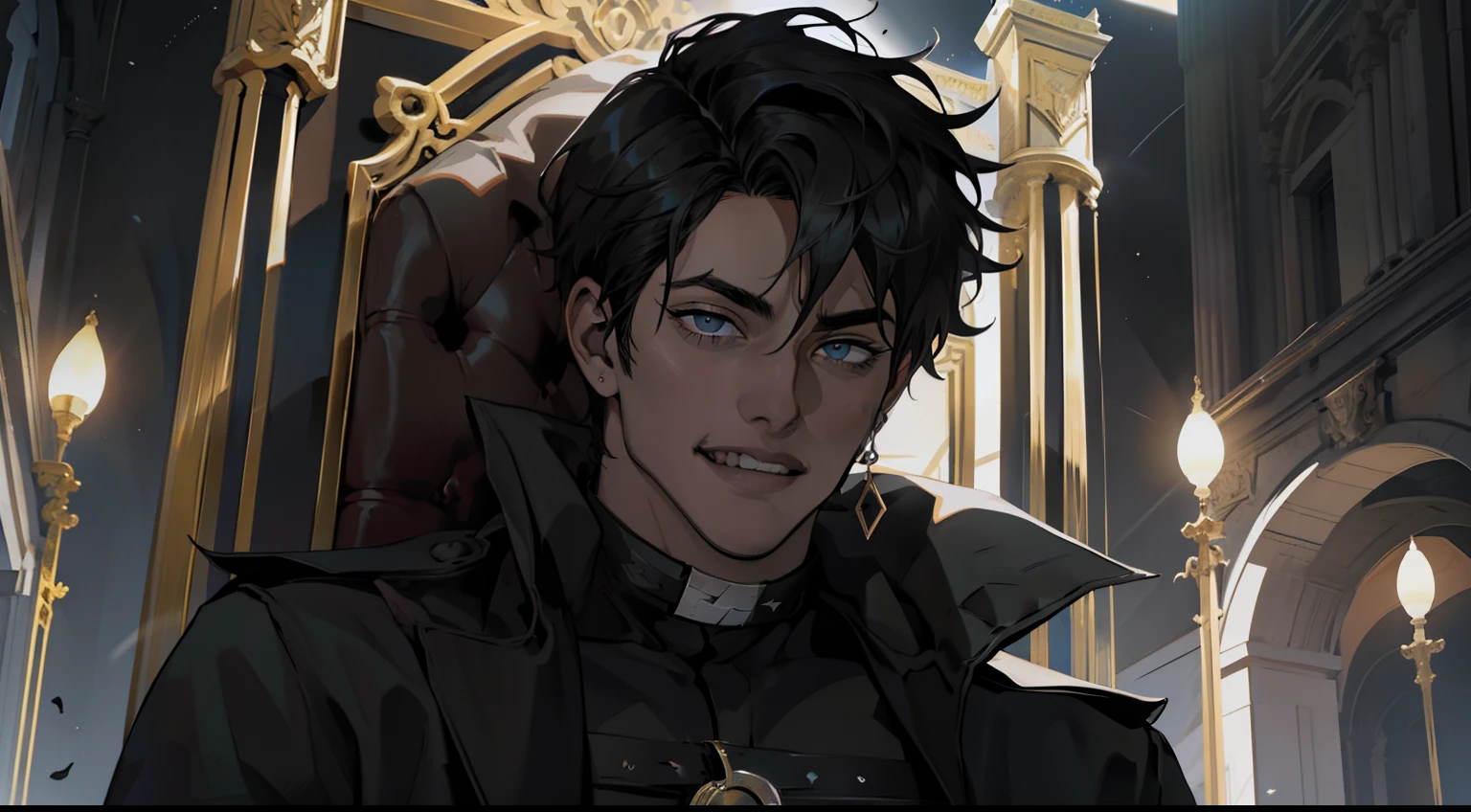 Obra maestra, La mejor calidad, Cara extremadamente detallada, realista, 1hombre, Yoo Joonghyuk, macho maduro, guapo, 25-years old, boca cerrada, retrato, Cara extremadamente detallada, cold and smile, ((ojos grises claros)), ((Cabello corto negro)), [cejas gruesas], Palacio Oscuro, ((Capa negra larga)), ((todo negro)), (ojos grises claros, cielo nocturno, Sentado en el trono.