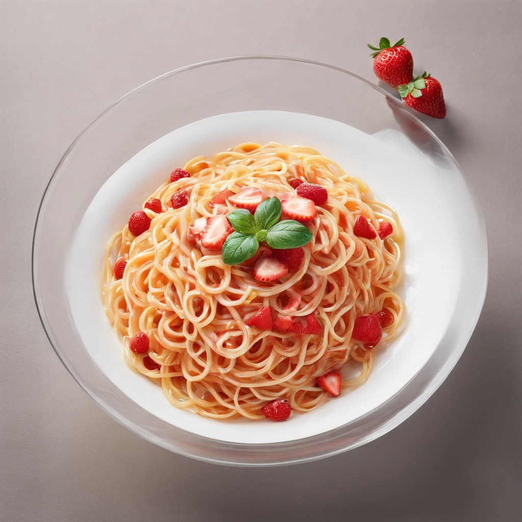 (Best quality), (masterpiece:1.3), (photorealistic:1.36), (realistic), ultra-detailed, Spaghetti with strawberry sauce in transparent dish,