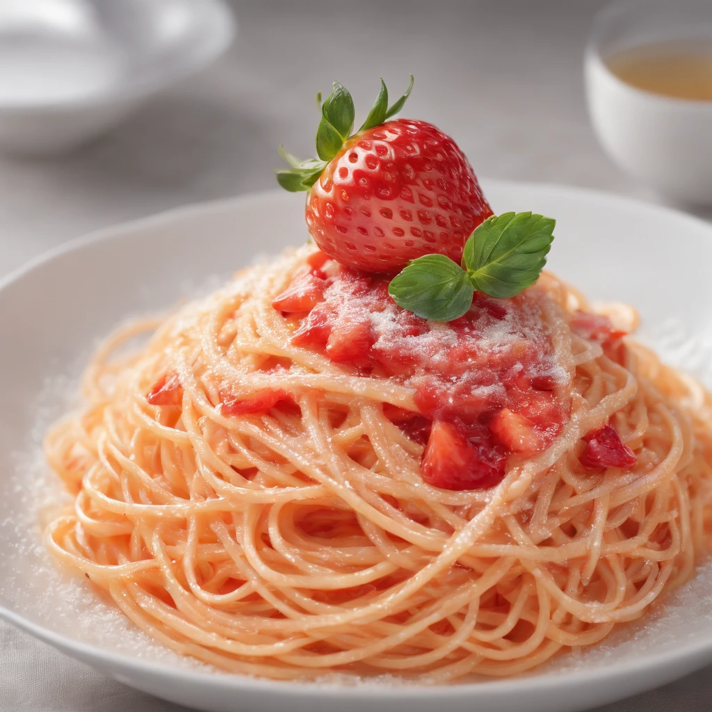 (Best quality), (masterpiece:1.3), (photorealistic:1.36), (realistic), ultra-detailed, Spaghetti with strawberry sauce in transparent dish,