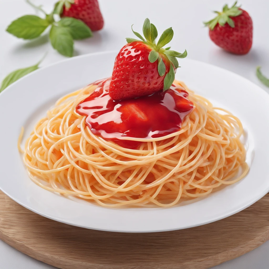 (Best quality), (masterpiece:1.3), (photorealistic:1.36), (realistic), ultra-detailed, Spaghetti with strawberry sauce in transparent dish,