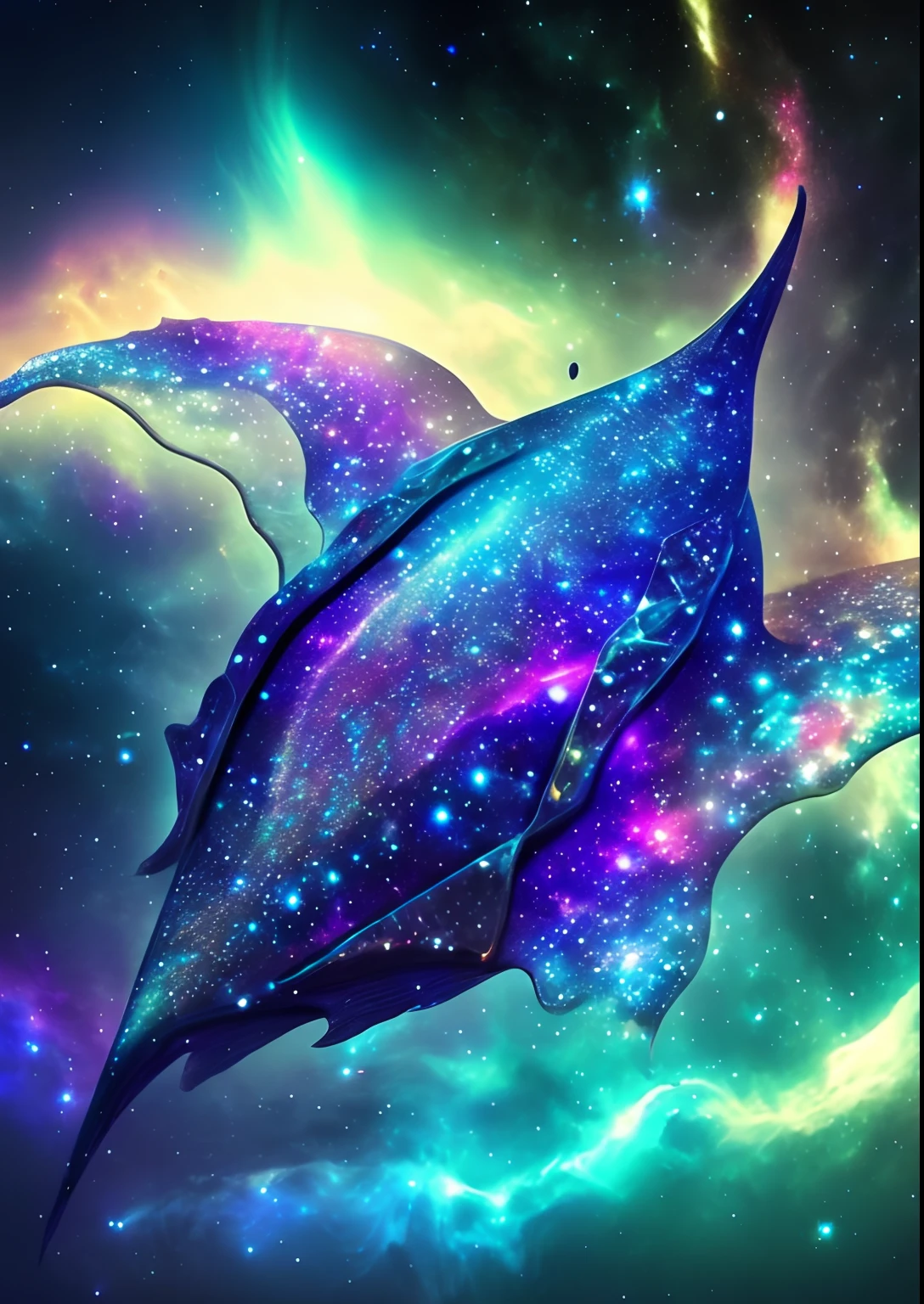 dreamlikeart, galaxy, outer space, nebula, star, [cyberpunked] Stingray from the stars.. (star:1.5),