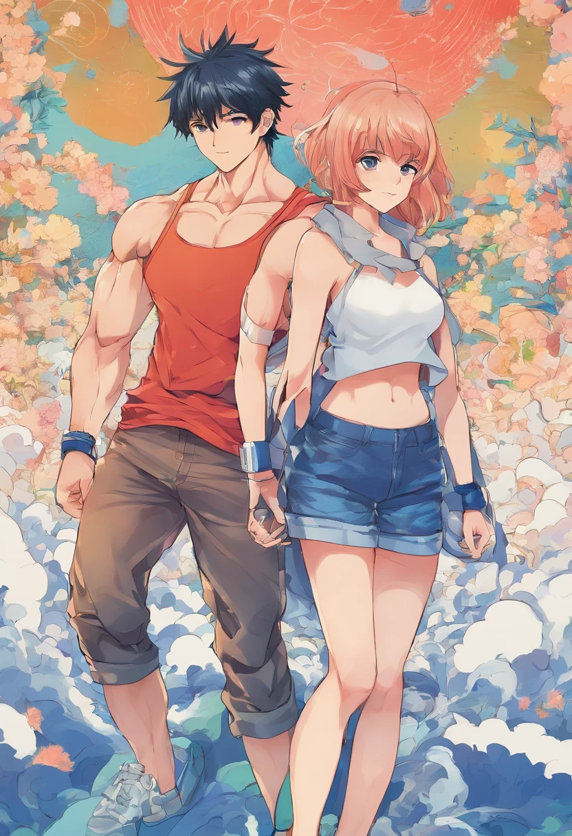 Couple, boy and girl, boy is wearing a tank top with muscles, girl is wearing a tight short skirt with a small blouse, big breasts