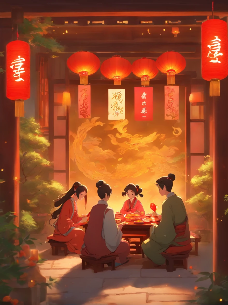 mid-autumn festival，The background is the full moon，The family sits together, Eating a reunion dinner, Sipping osmanthus wine，There are red lanterns hanging in front of the house，The table is filled with a variety of delicacies，Moon cake， Warm and nice atmosphere，The scene was cheerful, Family reunion，Bright house scene，extremely detailed face and skin，Heartwarming scene，perfect  detail，traditional Chinese festivals，Reunion Day，official aesthetics，The best of the kind，8k wallpaper，Movie lighting，