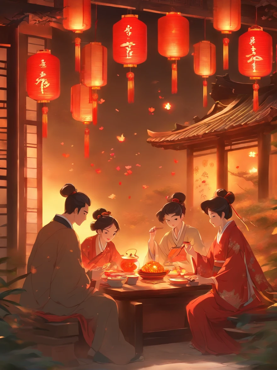 mid-autumn festival,The background is the full moon,The family sits together, Eating a reunion dinner, Sipping osmanthus wine,There are red lanterns hanging in front of the house,The table is filled with a variety of delicacies,Moon cake, Warm and nice atmosphere,The scene was cheerful, Family reunion,Bright house scene,extremely detailed face and skin,Heartwarming scene,perfect detail,traditional Chinese festivals,Reunion Day,official aesthetics,The best of the kind,8k wallpaper,Movie lighting,