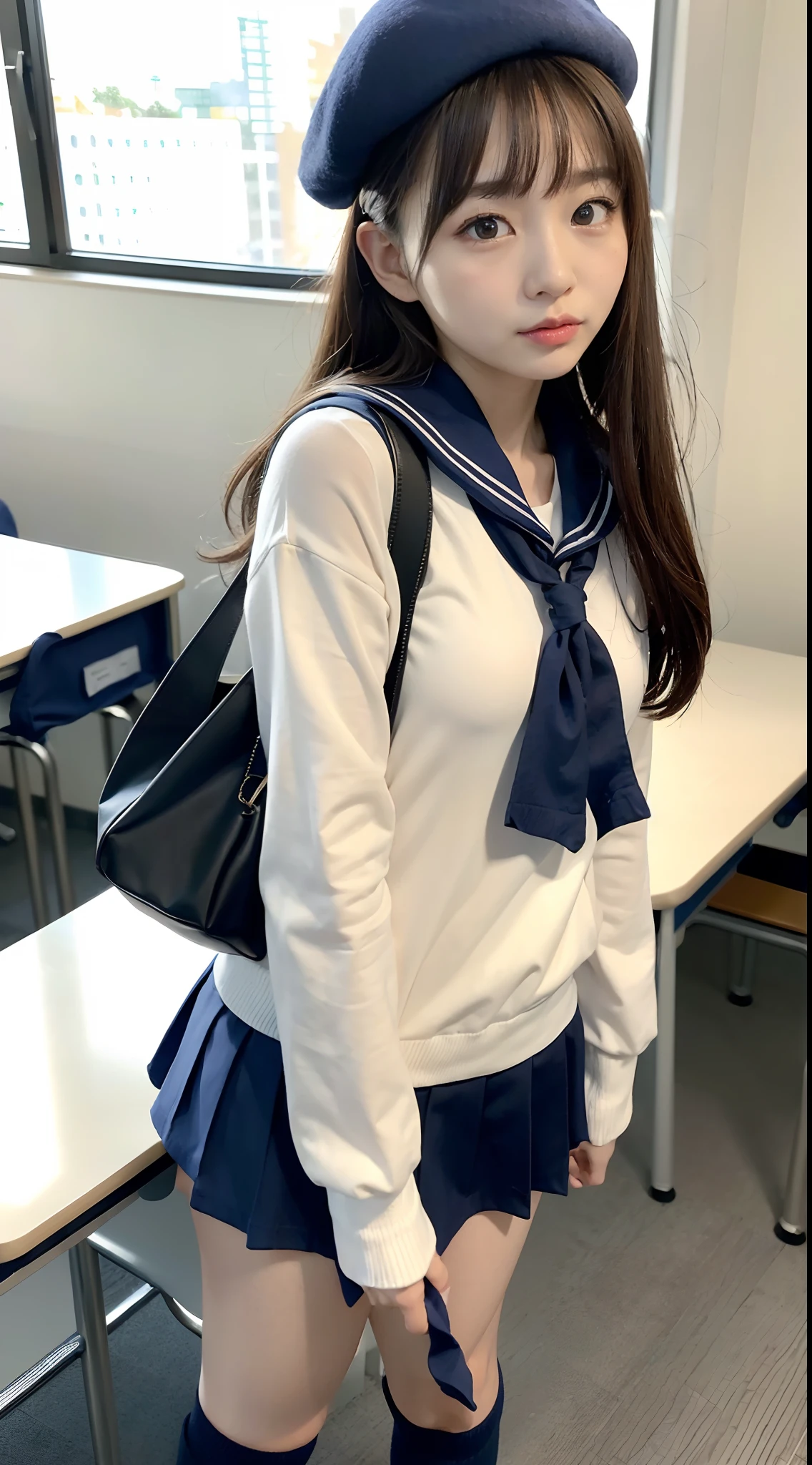 mix4, (16 K, Raw photography, Top image quality, ​masterpiece: 1.45), (realisitic, Photorealsitic: 1.37), one girls, 7．5, etc、Random hairstyle、Standing figure，Daytime、a very cute,Inside the school building,, profetional lighting, photon maping、physically-based renderingt, Gradient dark brown hair,Crisp backgrounds and high resolution, a handsome, Well-groomed and beautiful eyes、Large double eyelids、Very shiny、girl with, (((student clothes、Winter clothes、Sailor suit worn by Japan schoolgirl、Navy blue sailor color、scarf、a miniskirt, Small beret、high socks、lowfers、Frugal bag))), Top Quality Photos, hight resolution, 1080p, (clearface), (Detailed face description), (Detailed hand description), (​masterpiece), (Exquisite CG)、extreme light and shadows、dishevled hair、master work、abundant detail、(Fine facial features)、(top quality photo)、(masuter piece)、(A detailed eye)、Look in front of you、Fine clavicle、((Slender big))、(((Japan schoolgirl in sailor suit)))、((Idle system))、((school classrooms、chalk board、desk and chair、Window side))、(((neat and cute)))、耳Nipple Ring、A big smile、Drawing the whole body from the knees、Do not draw nasolabial folds、(((Long sleeve sailor suit)))、(Big breasts that hang down big:1.2)、Big buttocks with tension、Two arms and two legs、(((from the front side:0.3)))、bare hand、No mask、No skin exposure