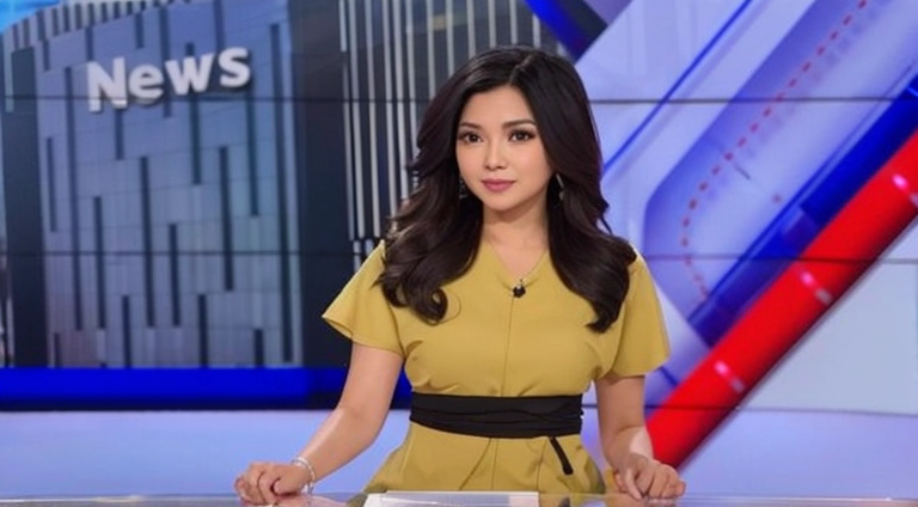 News anchor, Indonesian, black hair, white skin, super detail, super realistic