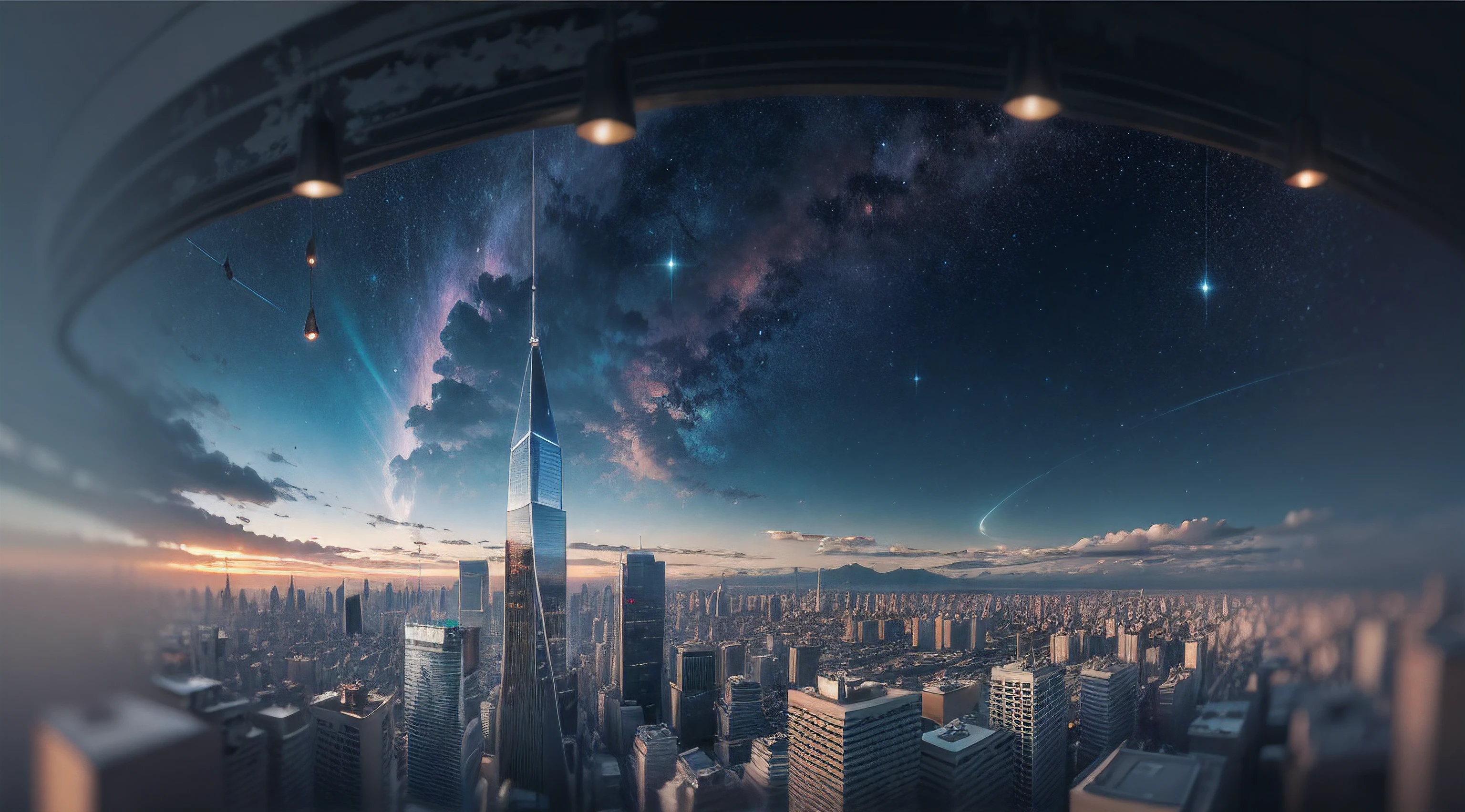 starrysky、deep in the night、light through windows、Modern age city、Sunny morning、Very high drawing skills、bird's eyes view、Very nice view、amazing lighting effect、fanciful、Very large area，8K，Super tall painting，small detailed，RAW photo of the landscape，（tmasterpiece），8K  UHD，Digital SLR，softlighting，high high quality，filmgrain，Fujifilm XT3，