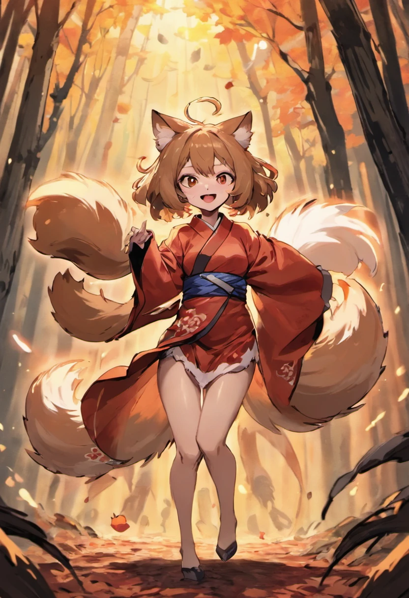 Two-shot photo of a girl and a fox,(Fantasia,Kitsune Yokai Four-Tailed Heavenly Fox,),(Girl and Fox Yokai: The Tale of the Four-Tailed Heavenly Fox), (With a girl bent down deep in the forest and looking up,Fox Yokai Two-shot movie of a fox protecting a girl's back Poster of the four-tailed heavenly fox), (natural soft light.)(Sunlight,),(Sunlight,),(Professional Lighting.), (glossy light brown and orange two-tone color,,,Wave Shortcut Hair,disheveled hair,),japanese kimono,Geta,Cute round face red lipstick,A cute smile that makes the viewer happy, autumn forest,Strong wind soaring over dead leaves