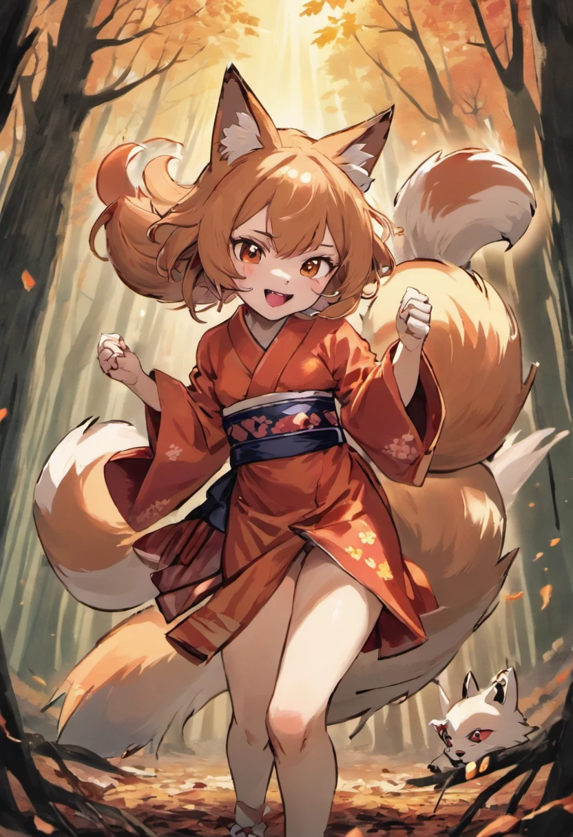 Two-shot photo of a girl and a fox,(Fantasia,Kitsune Yokai Four-Tailed Heavenly Fox,),(Girl and Fox Yokai: The Tale of the Four-Tailed Heavenly Fox), (With a girl bent down deep in the forest and looking up,Fox Yokai Two-shot movie of a fox protecting a girl's back Poster of the four-tailed heavenly fox), (natural soft light.)(Sunlight,),(Sunlight,),(Professional Lighting.), (glossy light brown and orange two-tone color,,,Wave Shortcut Hair,disheveled hair,),japanese kimono,Geta,Cute round face red lipstick,A cute smile that makes the viewer happy, autumn forest,Strong wind soaring over dead leaves