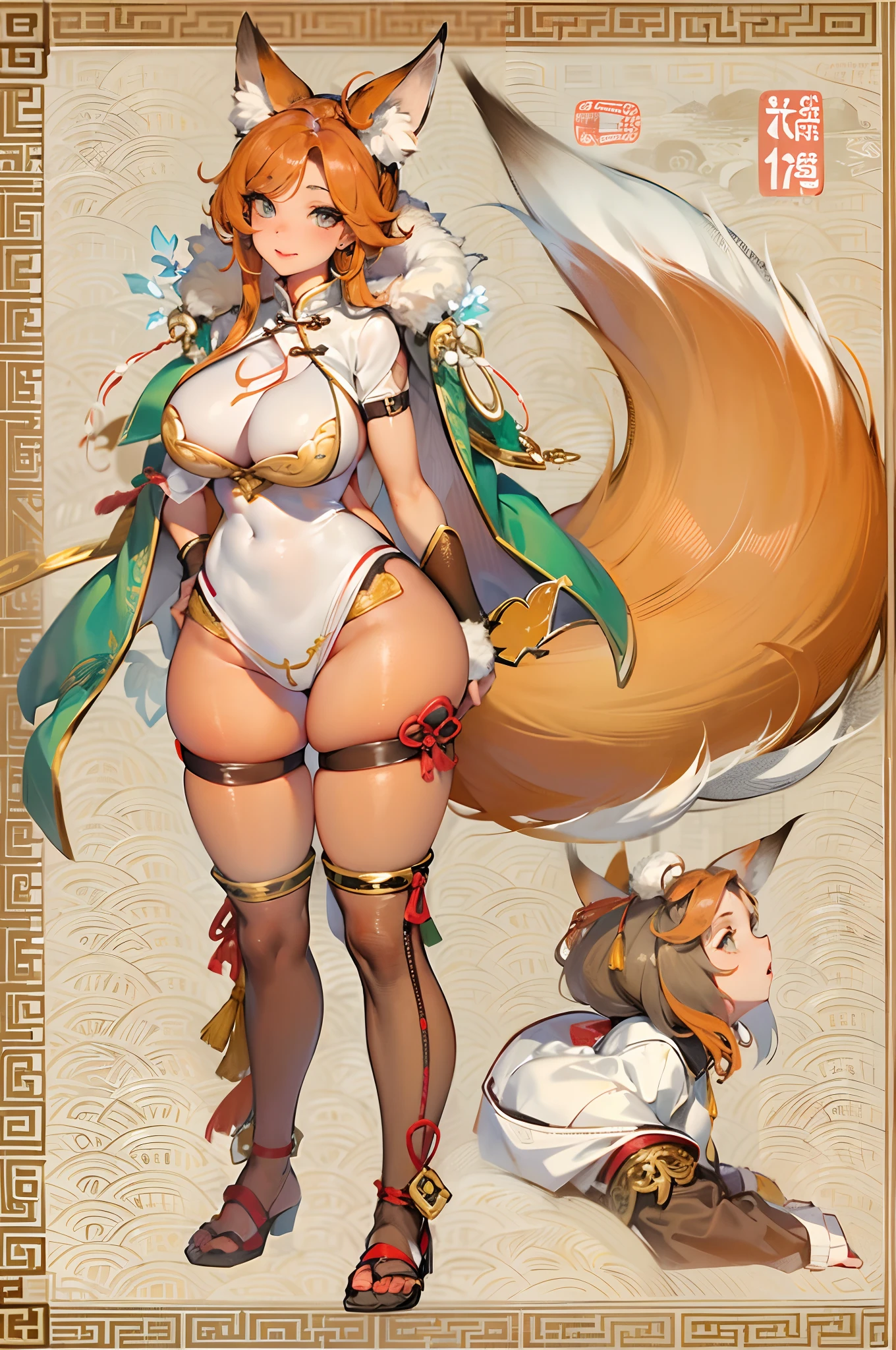 a beauty girl,Mature face,a matural female,Fluffy tail hair,Ultra-loose underwear,clothes slipping off,Anterior convex and posterior,Straight chest,Ruddy complexion,Huge fox tail,nabel,(huge tit),adventurer,tit,areola of breast,pantiess,Stockings,Human Services Group,((illustrated)),split,((Chinese tradition)),(pantiess),(Prostitutes),(Raised sexy)