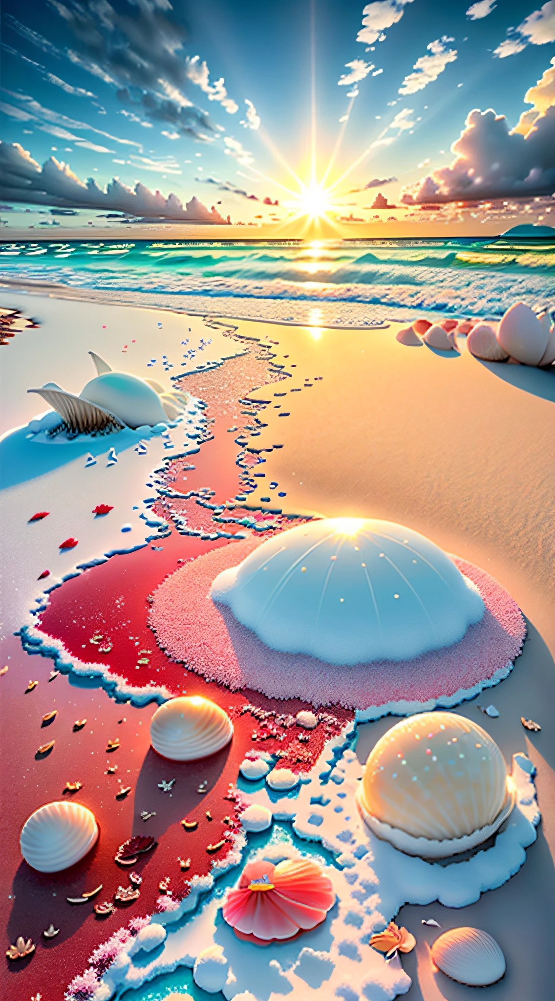 delicate scene,depth of field, 8K, The ivory sky,white clouds,and sunlight shine on the snow-white beach. The coral sea,and many colorful tinny shells on the beach,red roses, roses focus,