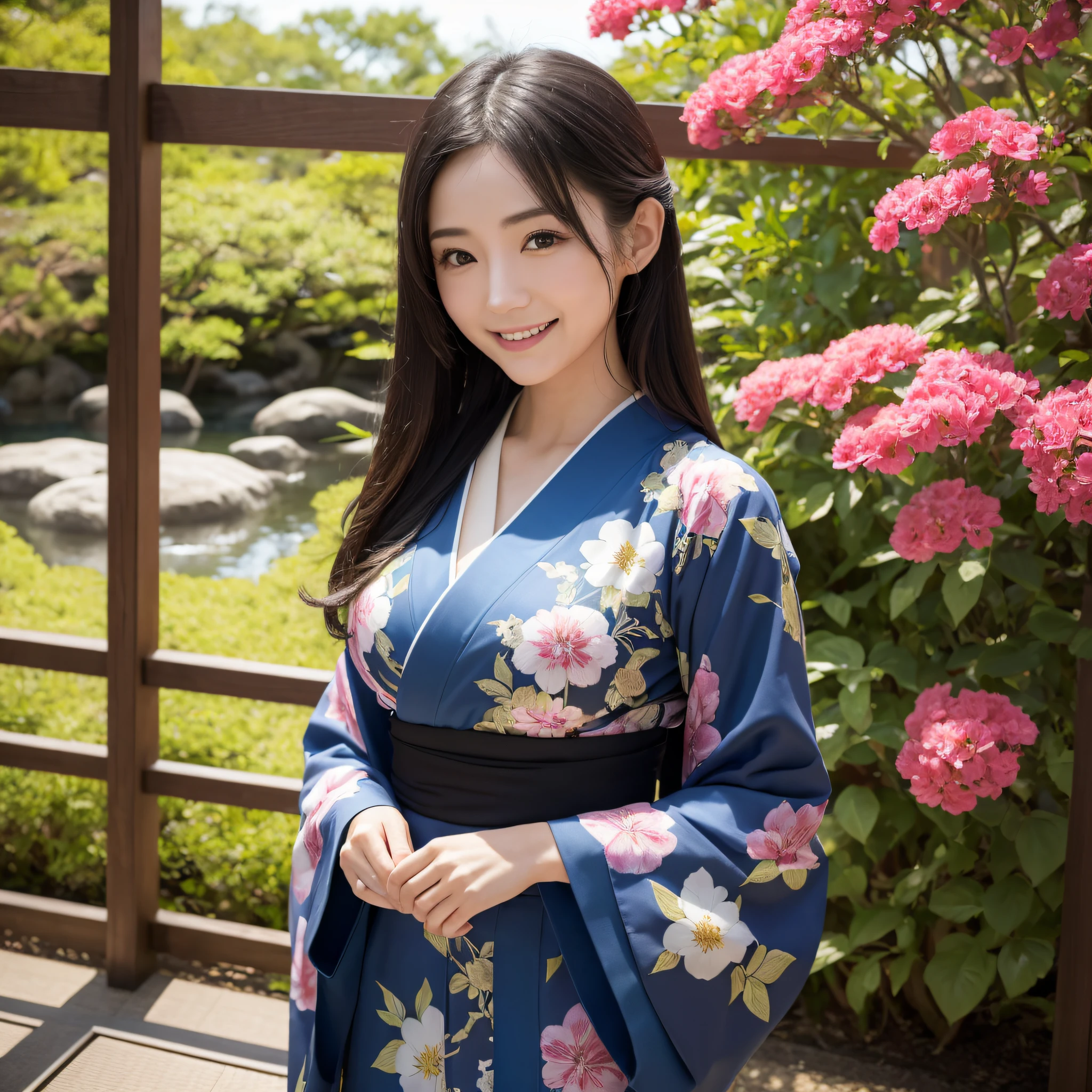 (Woman in Kimono)、((best qualtiy、8k masterpieces:1.3))、foco nítido:1.2、(ultra beautiful faces:1.0)、(shinny skin:1.0)、photos realistic、A dark-haired、Video Lighting、High-definition eyes and face、Video Lighting、25-year-old Japan actress、from the front side、medium breasts、With a happy smile、Slender Abs Beauty、Whole body、wearing kimonos、in japanese garden