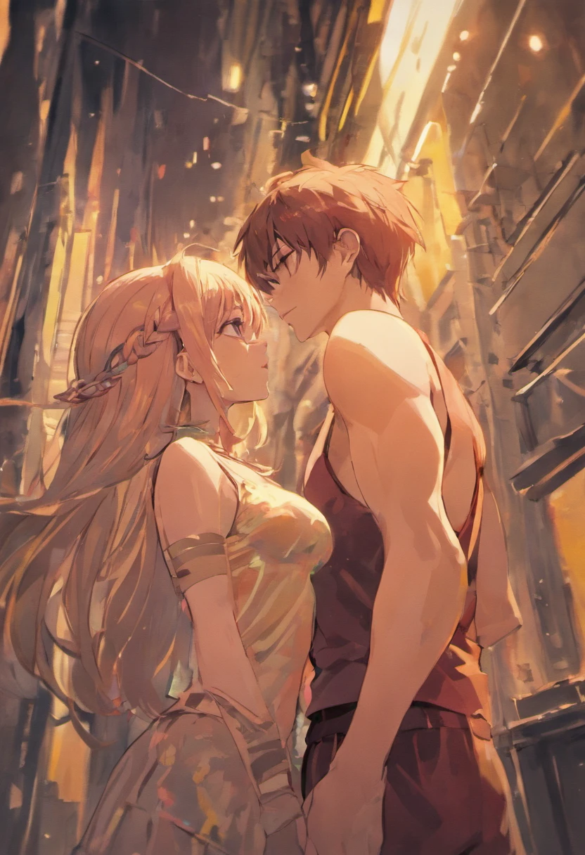 Couple, boy and girl kiss, boy is wearing a tank top with muscles, girl is wearing a tight skirt with a small blouse, big breasts, cleavage