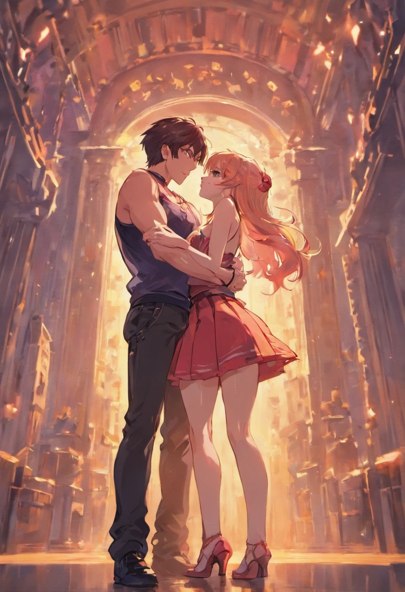 Couple, boy and girl kiss, boy is wearing a tank top with muscles, girl is wearing a tight skirt with a small blouse, big breasts, cleavage