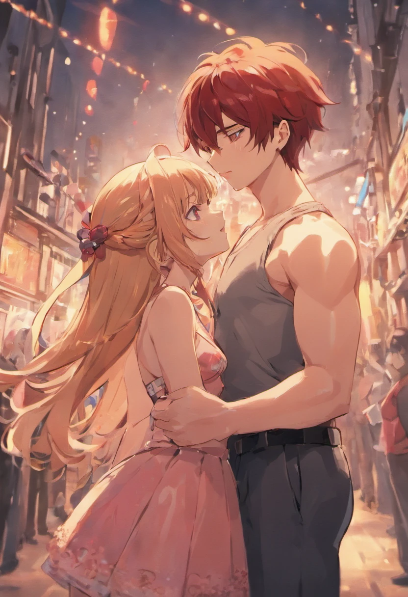 Couple, boy and girl kiss, boy is wearing a tank top with muscles, girl is wearing a tight skirt with a small blouse, big breasts, cleavage