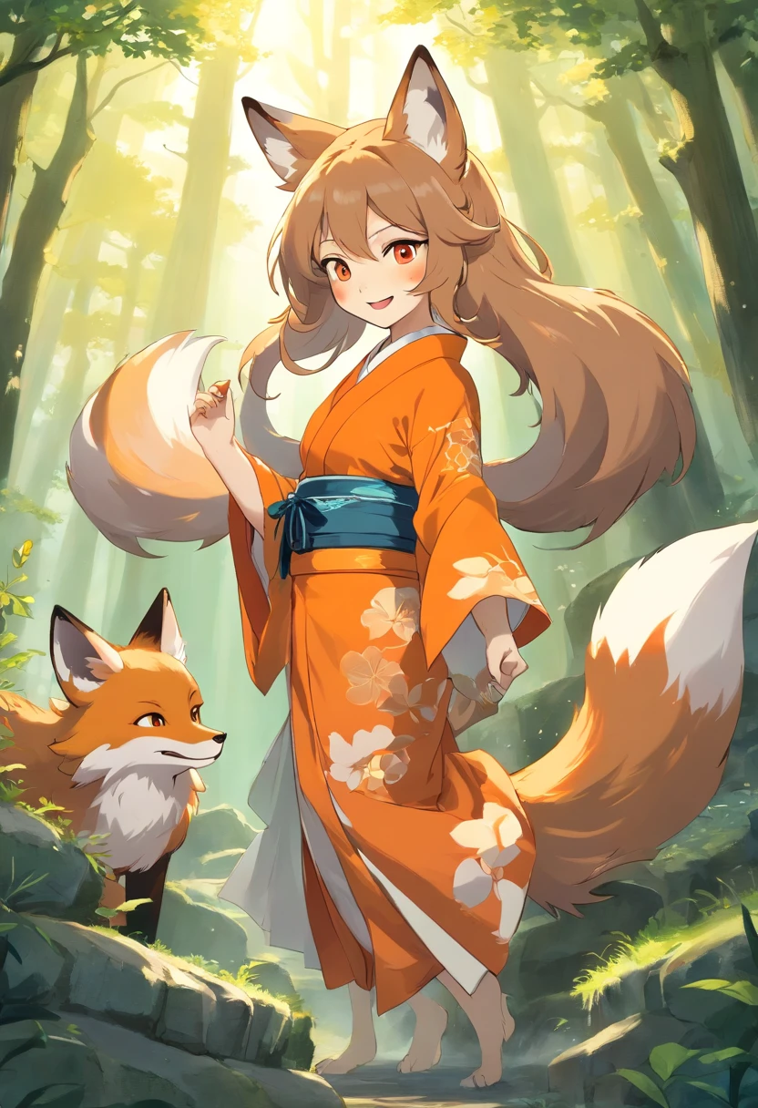 (foxes:1.3),Two-shot photo of a girl and a fox,(Fantasia,Kitsune Yokai Four-Tailed Heavenly Fox,),(Smiling Girl and Fox Youkai: The Tale of the Four-Tailed Heavenly Fox), (Smiling happy girl bent over deep in the forest and looking up,Fox Yokai Two-shot movie of a fox protecting a girl's back Poster of the four-tailed heavenly fox), (natural soft light.)(Sunlight,),(Sunlight,),(Professional Lighting.), (glossy light brown and orange two-tone color,,,,,,,,Wave Shortcut Hair,disheveled hair,),japanese kimono,Geta,