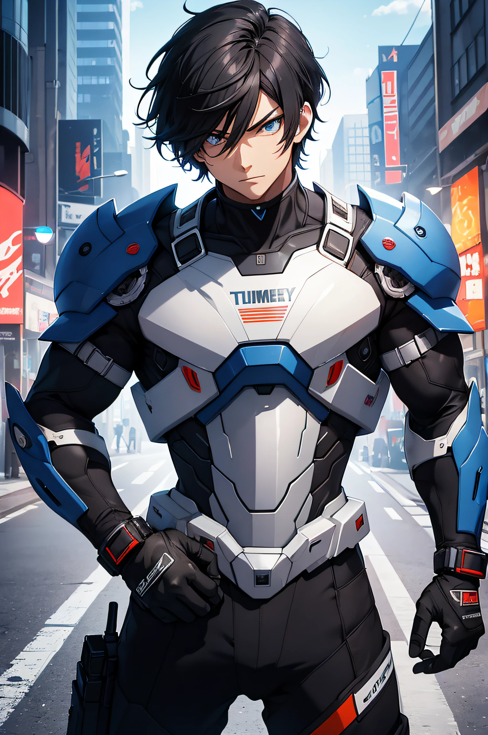 best qualityer,tmasterpiece,Ultimate resolution,downy,Extremely colorful,Colorful,men combatants,a young handsome male,black short hair,holding gun,combat suit, anime art, Steel City background,blue-sky,Normal posture,Normal posture