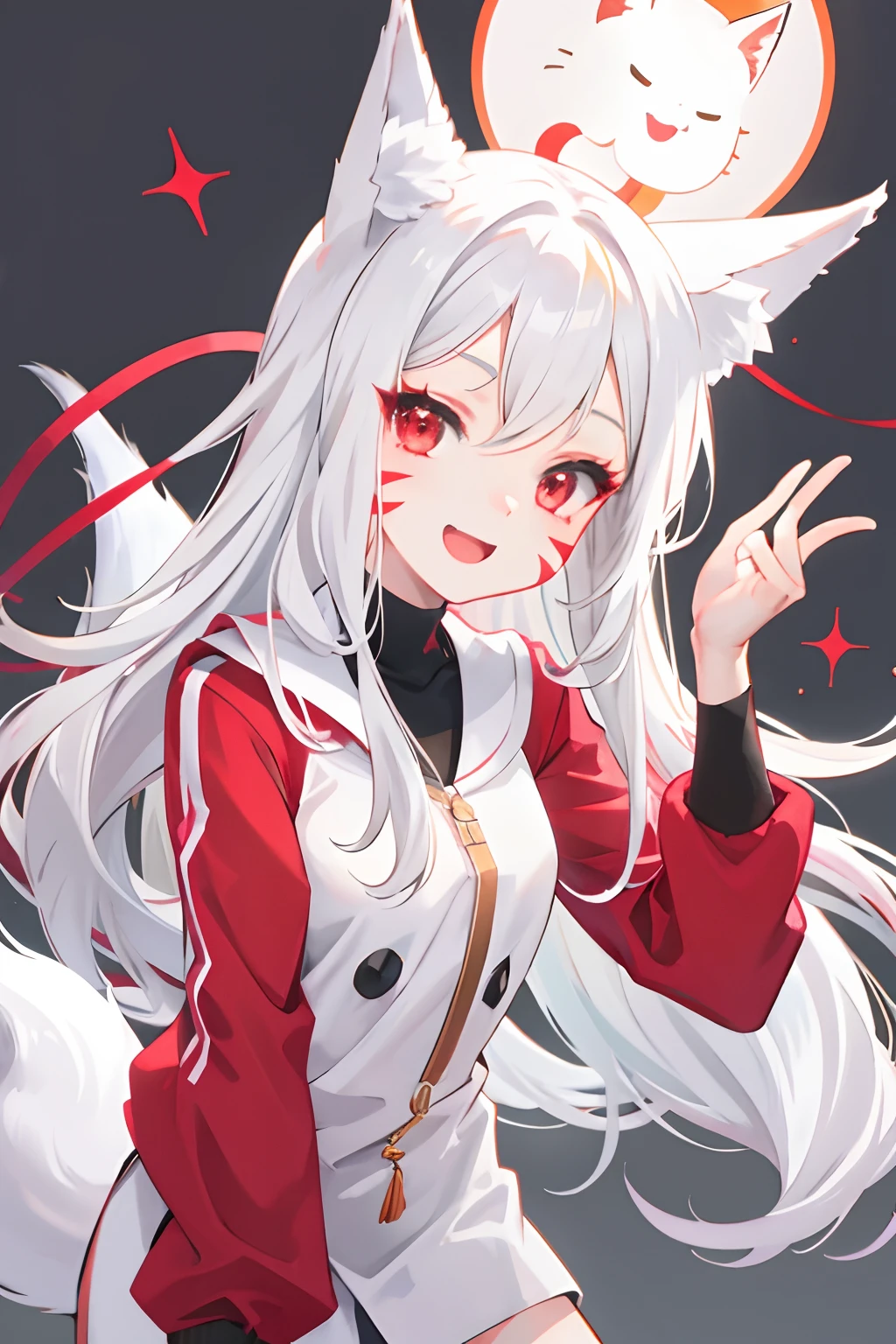 Masterpiece, best quality, perfect lighting, 1girl, solo, shiro, fox ears, fox tail, white hair, red eyes, red cheek stripes, casual outfit, open mouth, smile, adorable looking,
