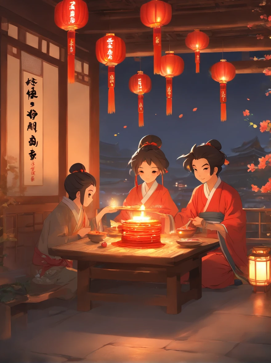 mid-autumn festival,(The background is the full moon:1.2),The family sits together, Eating a reunion dinner, Sipping osmanthus wine,There are red lanterns hanging in front of the house,The table is filled with a variety of delicacies,Moon cake, Warm and nice atmosphere,The scene was cheerful, Family reunion,Bright house scene,extremely detailed face and skin,Heartwarming scene,perfect detail,traditional Chinese festivals,Reunion Day,official aesthetics,The best of the kind,8k wallpaper,Movie lighting,