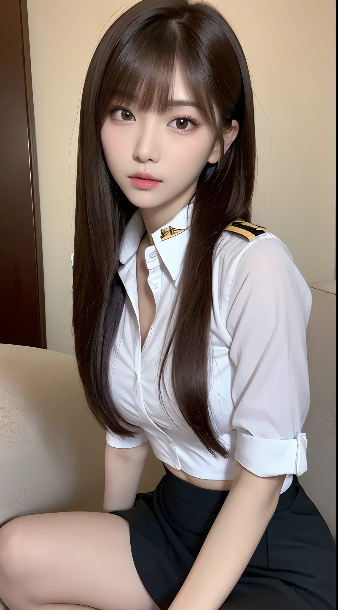 (Best Quality, 8K, masutepiece, Ultra HD: 1.3), 1girl in, smallunderboob, light brown hair, Blunt bangs, hair behind ear, hair over shoulder, Long hair, slender body shape, Ultra Fine Face, Delicate lips, Beautiful eyes, Double eyelids, lipsticks,small tits,A gaze that invites you, Ultra-thin hands, Ultra-fine fingers, shirt with collar, Stewardess uniform, beauty legs ,pumps.s Office、KPOP Idol Face
