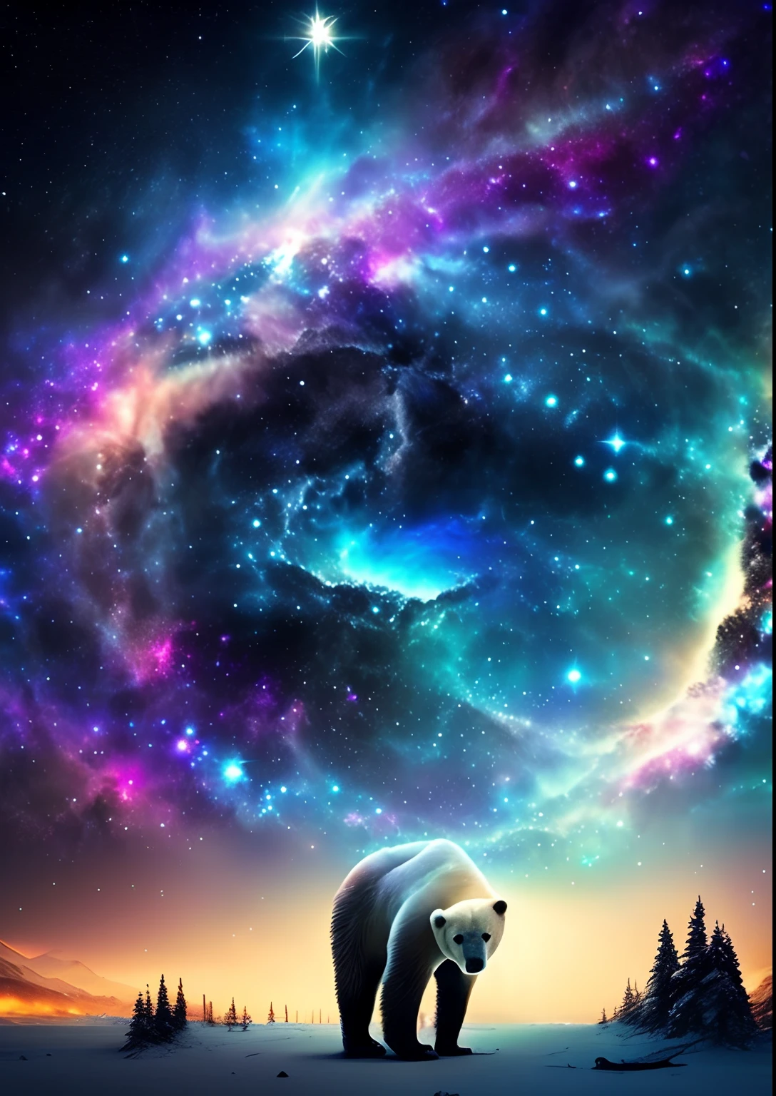 dreamlikeart, galaxy, outer space, nebula, star, [cyberpunked] Polar bear from the stars.. (star:1.5),