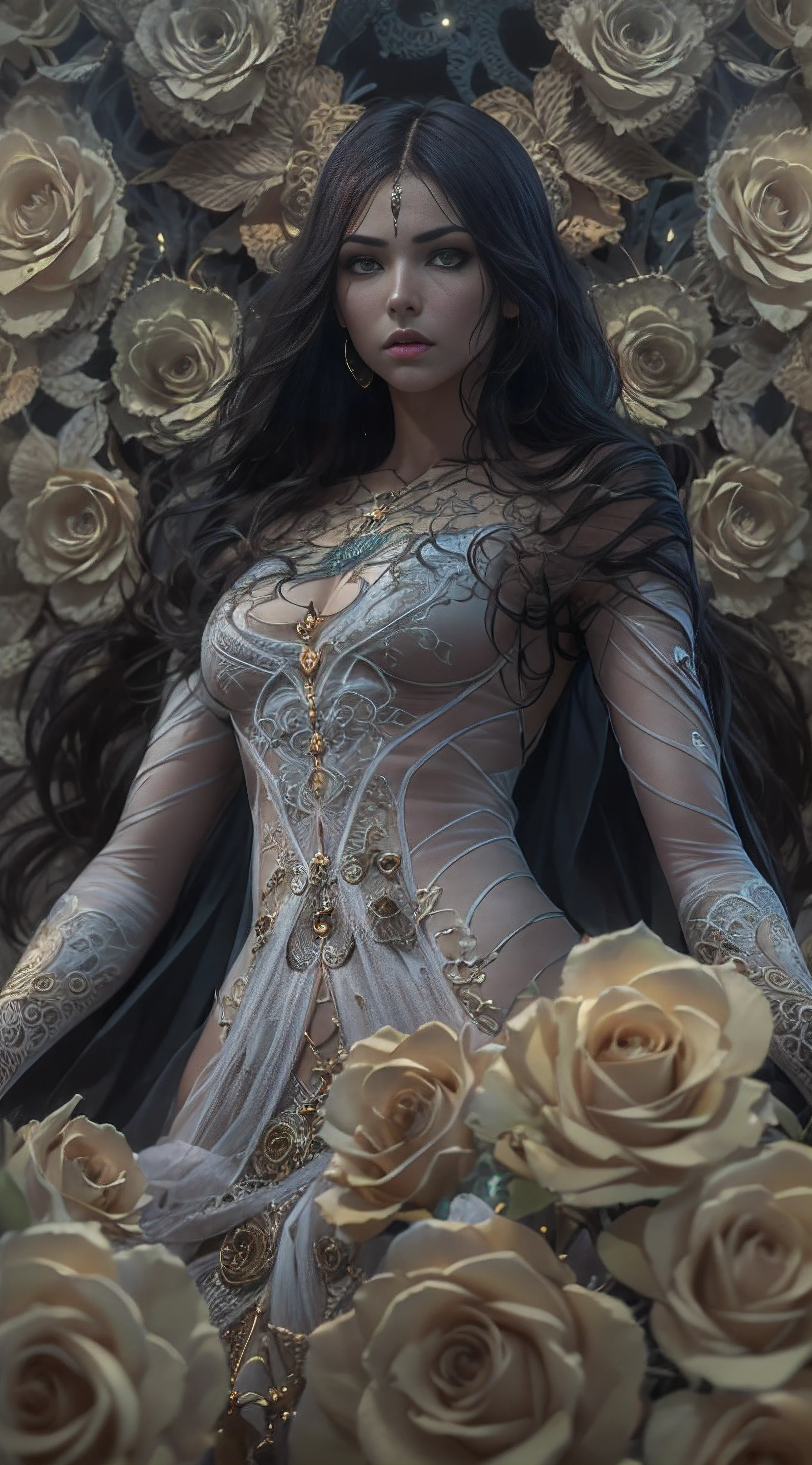 Siempre Bruja, gothic, dynamic side lignhting, dynamic angle, solo focus, studio photo, close up, masterpiece, best quality, perfect lighting, roses, gothic clothes, cgsociety, natural skin, soft impressionist perfect composition, perfect face, character portrait, intricate, sharp focus, oil on canvas, expert, insanely detailed, 32k resolution, fantasy art, detailed painting, hyper realism, photorealistic, smooth soft skin, beautiful detailed intricate, insanely detailed, octane render, unreal engine 5, trending on artstation, sf, intricate artwork masterpiece, ominous, matte painting movie poster, golden ratio, trending on cgsociety, intricate, epic, trending on artstation, by artgerm, h. r. giger and beksinski, highly detailed, vibrant, production cinematic character render, ultra high quality model